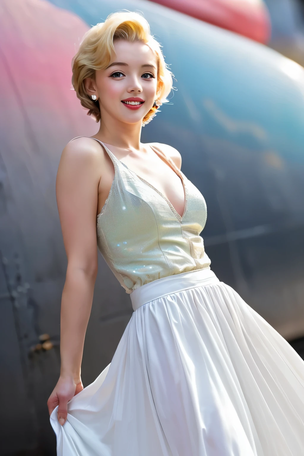 Model and background intact, (((Details in Ultra-HD quality, Realistic like a real photo, ideal))), (morbid light:1.2), (dynamic angle), RAW photos, (Marilyn Monroe), young, cute, very slim, thin, highly detailed texture (white cocktail dress), (holding a big long skirt), (blowing big long white skirt), (standing on a metal grate), (legs spread), (most iconic photo), (sharp), (Highly detailed body), (light smile:0.8), Exposure Blending, bokeh, glimmering, high contrast, (muted colors, dim colors, calm tone:1.3), low saturation, morbid