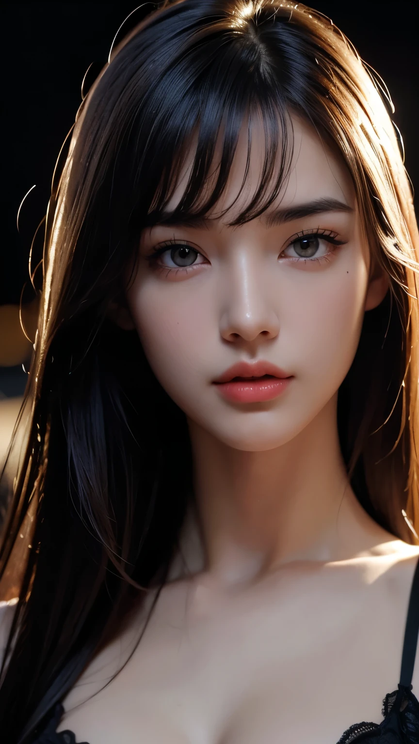 masterpiece, best qualitiy, RAW photos, realisticlying, A high resolution, hyper-detailing, Focus on the face, Detailed eyebrows, realistic beautiful eyes, realistic glossy skin, straight Bangs, realistic movie lighting, detail shaded, high contrast, Slender, Sexy face, Facial expressions when receiving pleasure, ((Dark background)),