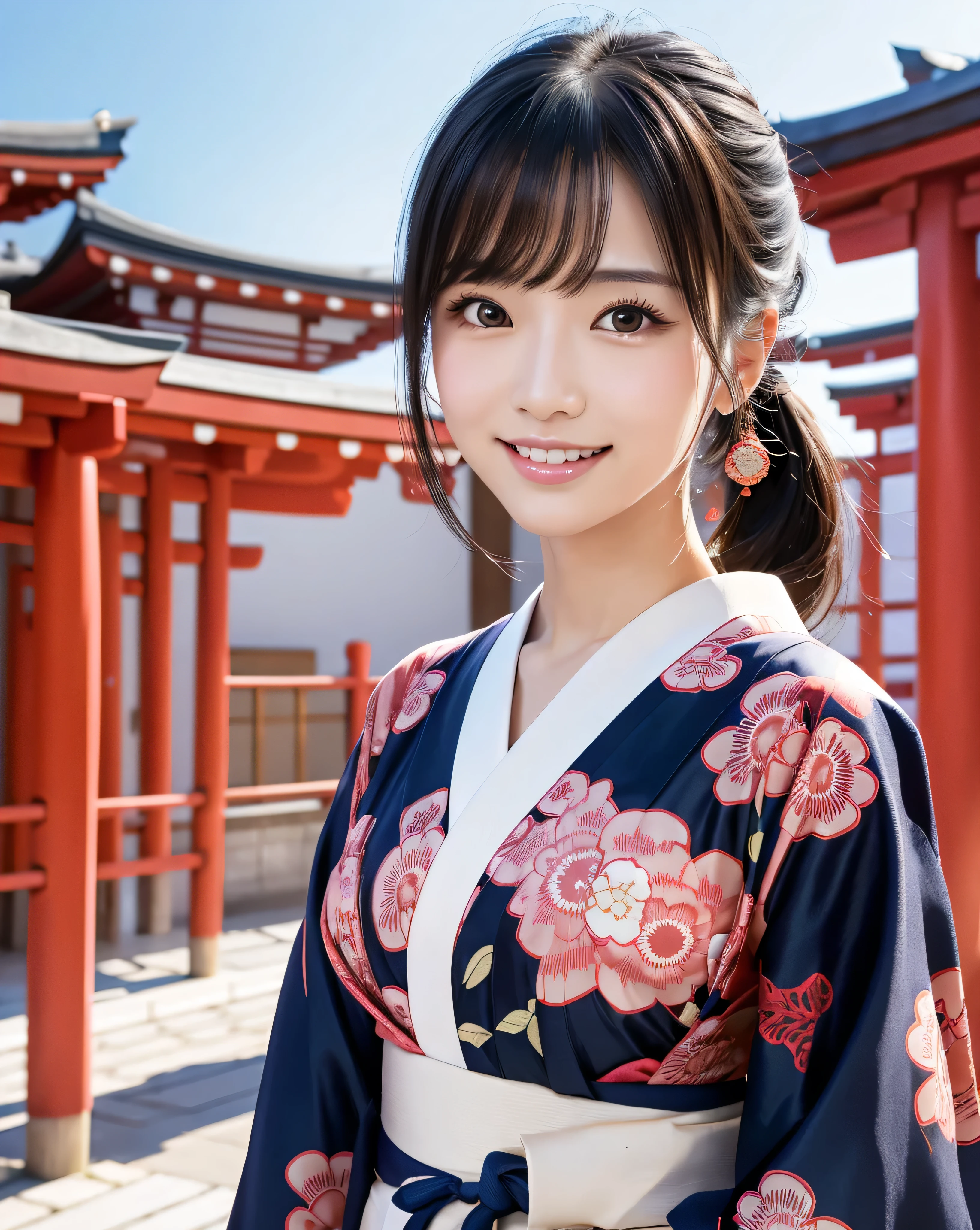 (highest quality, 32k, High resolution, masterpiece:1.5, ), internal_jet, Transparent air, Beautiful Japanese Girl, one person, Very beautiful face, Shiny black hair, ponytail, Asymmetrical bangs, Magic big eye, A loving look, double eyelid, clear, Smooth, White skin, Pale pink lips, White and perfect teeth, Natural Makeup, Motherhood and generosity, (A fleeting smile:0.7), (red kimono:1.0), ((traditional Japanese Yukata)), Dazzling summer sunlight, Japanese cityscape, detailed blue sky, Professional Lighting, Professional Photographer, Professional Model, Mysterious