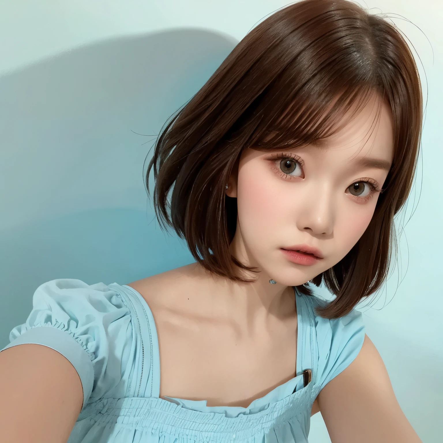 tsuki, ((1girl)), bob haircut, fringe, brown hair, ((light blue dress)), short dress, white background, portrait 