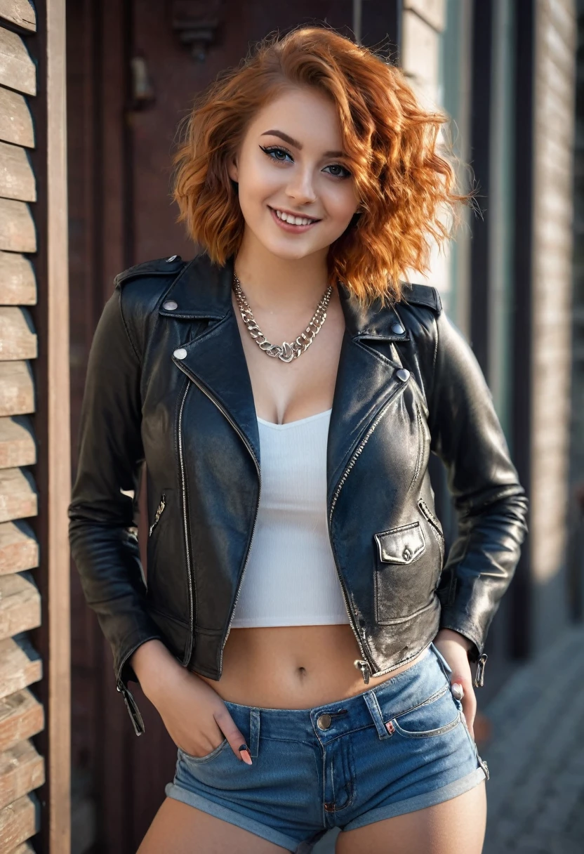 hyperrealistic beautiful busty 18-year-old women wearing tight shirt with denim shorts and biker-jacket, model shooting full body photography, view from behind, natural redhead short curly bob, dark eye makeup with eyeliner, seductive smile, small necklace, 8K, Best quality, Meisterwerk, ultra high resolution, (Realismus: 1.4), Originalfoto, (realistische Hautstruktur: 1.3), (Filmkorn: 1.3), (Selfie-Winkel), 1 girl, Beautiful round hazel eyes and facial details, Meisterwerk, Best quality, selfie-pic-posing outside, nsfw