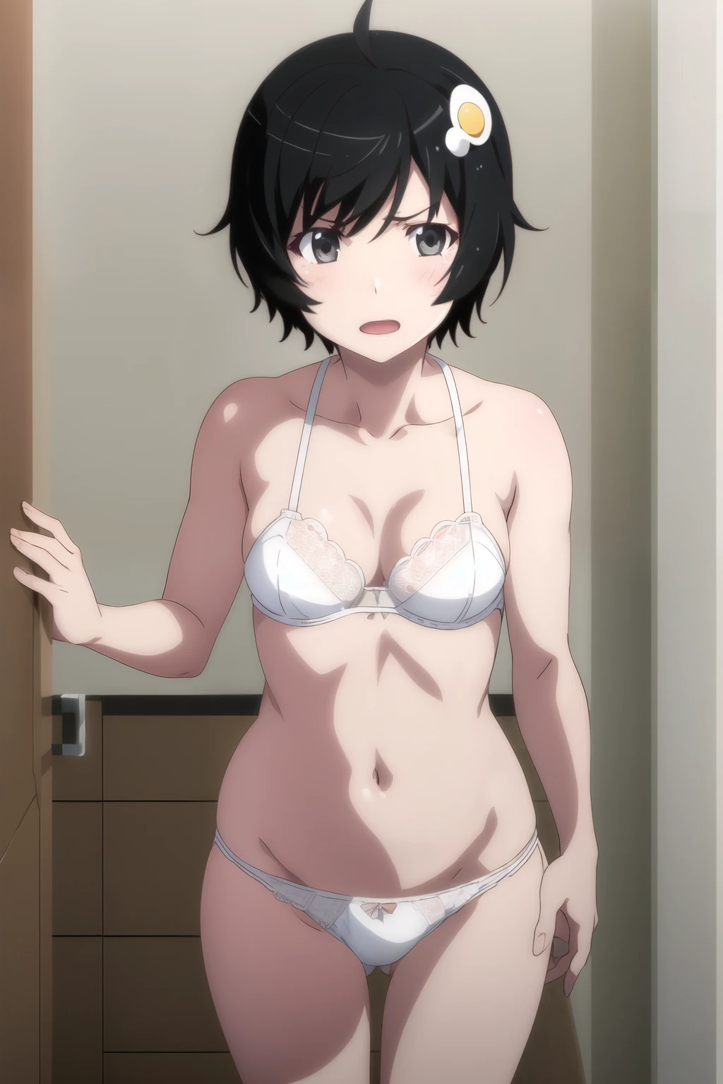 One girl, alone,
araragitsukihi, short hair,
hair ornaments, Ahoge, egg hair ornaments, trainer, Cleavage, anger,white lace panties,white lace bra,