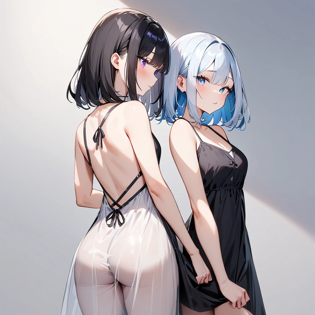 {{2girls}},masterpiece,best quality,very aesthetic,absurdres,cowboy shot,light color,dark color,light hair,dark hair,White hair,light  blue hair,light  blue eyes,Lovely,translucent hair,dark purple eyes,headless,(black hair,one eyes),back to back,asymmetry,Wide open back,Wide open back,Bare shoulders,ass lift,see-through dress