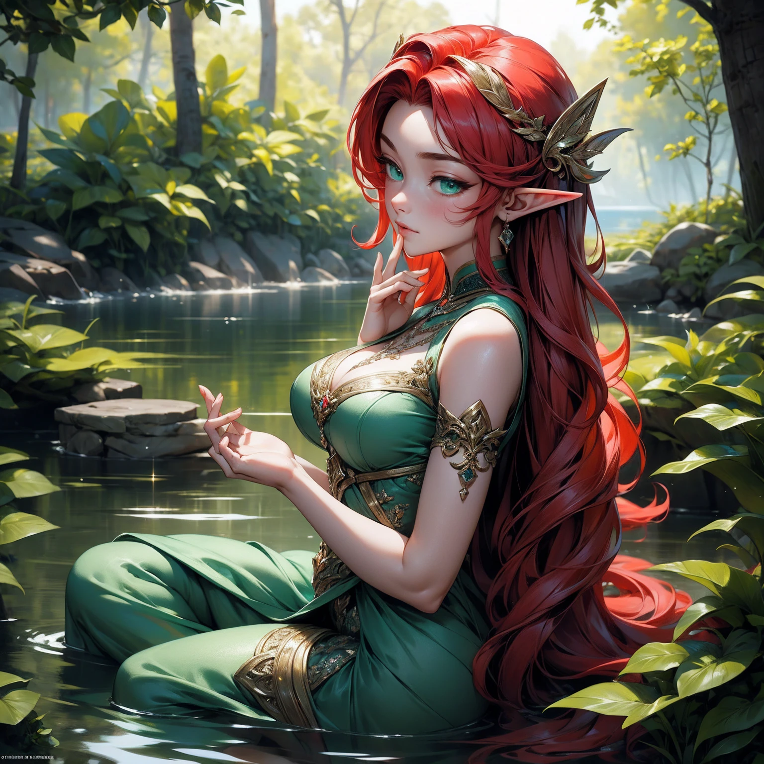 (Masterpiece - Ultra-Detailed, High Resolution) Prepare to be enchanted by a true masterpiece that combines ultra-detailed art with high-resolution rendering. This work shows a mesmerizing and sexy young elf with very large breasts and red hair. Green eyes, transparent dress, sitting on the water. Backwards, looking back, with one finger in her mouth. Get ready to dive into a world where beauty and craftsmanship merge perfectly.