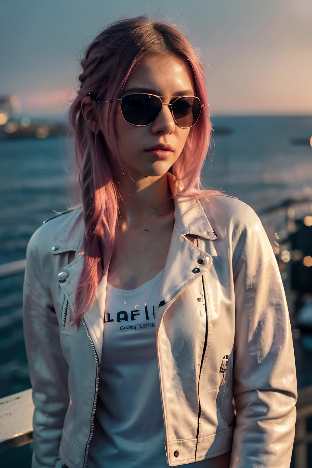 European girl with tint sunglasses , crying or sad , night sea backround , Pink hair, in a photo shouting room, attractive lips, stunningly beautiful woman, sad posing like a professional model, feminine form, stunningly gorgeous, sad, film photography, extreme detail, 4k, ultra hd hyperrealism, trending on artstation, polished, photorealistic, backlight, hair light, 8k ultra hd. 23 years oldPerfect body , Full body clothed view, Tall ,detailed skin, skin texture), t-shirt white and ((leather jacket)) ,casual , pastel dark pink very long hair, pink twintail hair , , ((( sea view at night ))), (detailed skin, skin texture) ,Highest-quality , High Detailed photo ,((tint sunglasses))