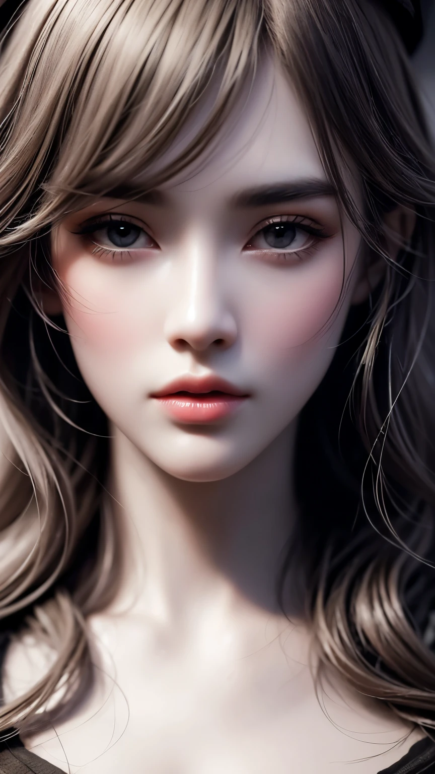 masterpiece, best qualitiy, RAW photos, realisticlying, A high resolution, hyper-detailing, Focus on the face, Detailed eyebrows, realistic beautiful eyes, realistic glossy skin, straight Bangs, realistic movie lighting, detail shaded, high contrast, Slender, Sexy face, Facial expressions when receiving pleasure, ((Dark background)),