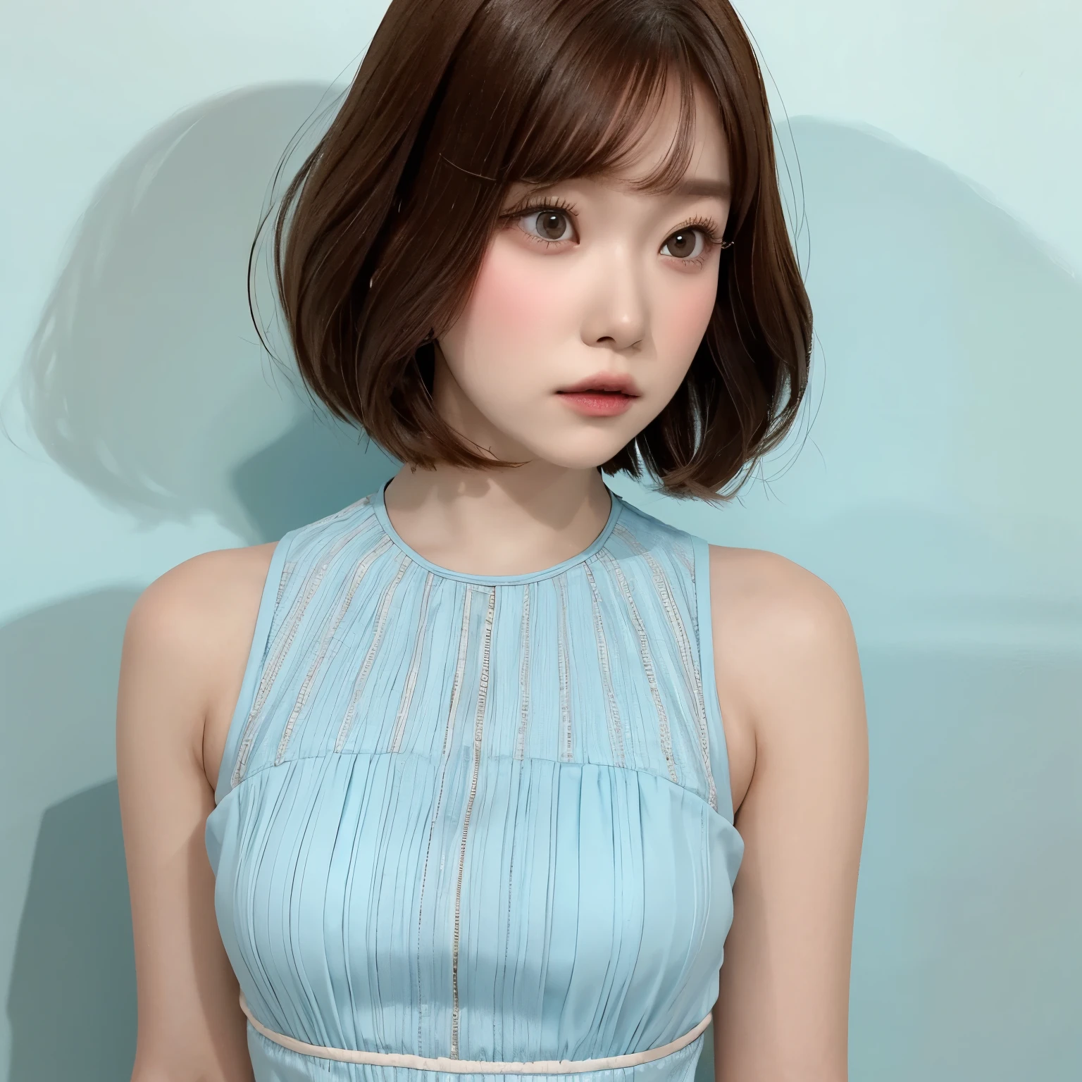 tsuki, ((1girl)), bob haircut, fringe, brown hair, ((light blue dress)), short dress, white background, portrait 