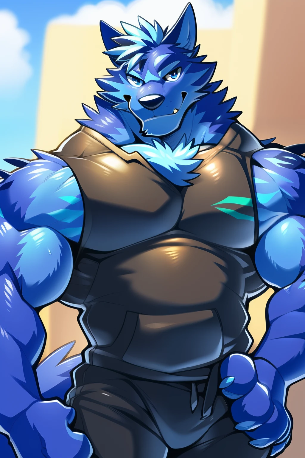 Author: Takemoto Arashi, (1 boy), Tindalos, Wolf, blue fur, blue fur, blue body, black T-shirt, light shorts,  One, solo, Men's Second, (Torso), hot body, muscle, Beautiful, sexual, Attractive guy, (Detailed blue eyes), Browster, a high resolution, Best quality), 4k, male, portrait Tindalos, gay, 