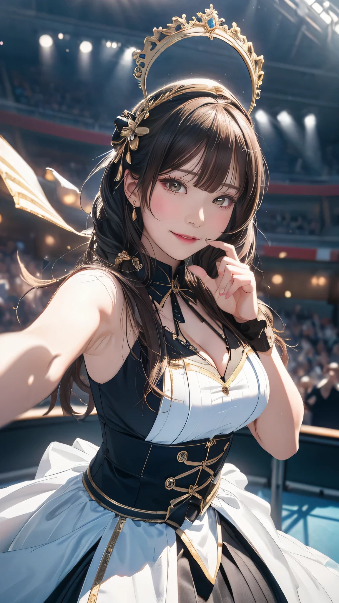 random Idol costume,(sing:1.2),(Random Pose),(Thin type),(large breasts),(random hairstyle),(Highest image quality, (8K), Ultra-realistic, Best Quality, High quality, High Definition, high quality texture, high detailing, Beautiful detailed, fine detailed, extremely details CG, Detailed texture, realistic representation of face, masterpiece, presence)