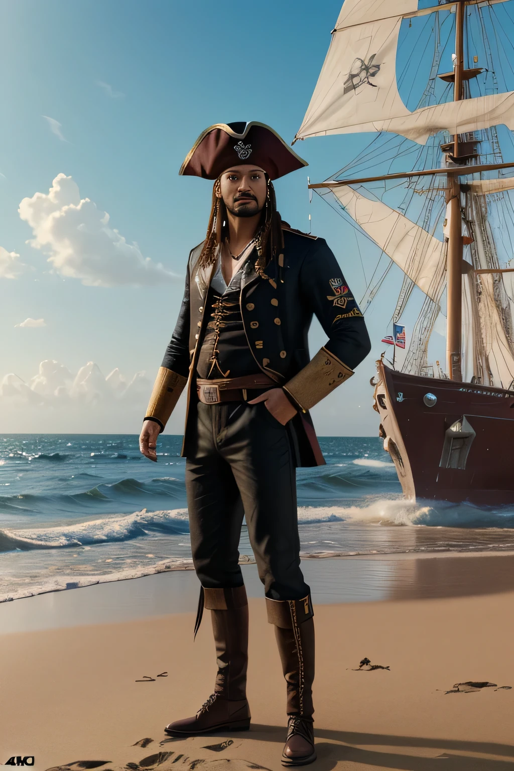 (best quality,4k,8k,highres,masterpiece:1.2),ultra-detailed,(realistic,photorealistic,photo-realistic:1.37),dramatic,portrait,full body,pirate on the beach,((frontal view)),intricate details,in the background a ship can be seen