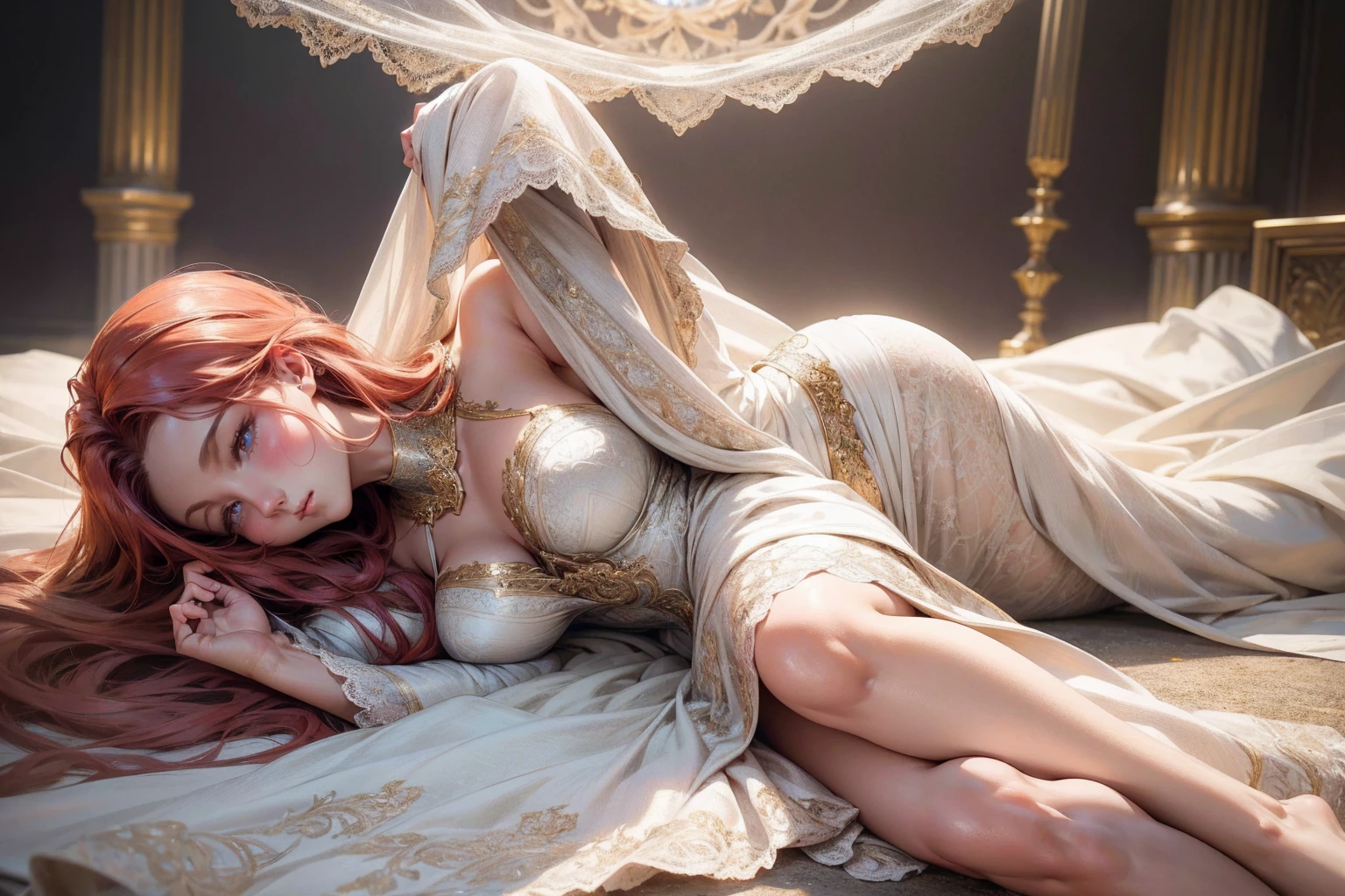 {-erro_de_anatomia:1.0}(best quality,4k,8k,highres,masterpiece:1.2), ultra-detailed, (realistic,photorealistic,photo-realistic:1.37), mature milf, illyasviel von einzbern, redhead hair, full body, vibrant colors, glowing skin, mesmerizing eyes, elegant pose, enchanting background, delicate lace dress, surreal lighting, ethereal atmosphere, mystical aura, intricate details, artistic medium, digital illustration, fantasy, anime, laying  on the floor, backwards, looking back