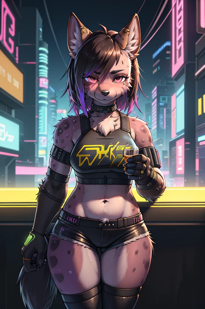 (cyberpunk2070 style:1.2) , 1 hairy hyena girl , Short stature , realistic hairy fur , Round face, swollen cheeks,round eyes , hot pants , in the night club , Sacred offerin  , drinking whiskey