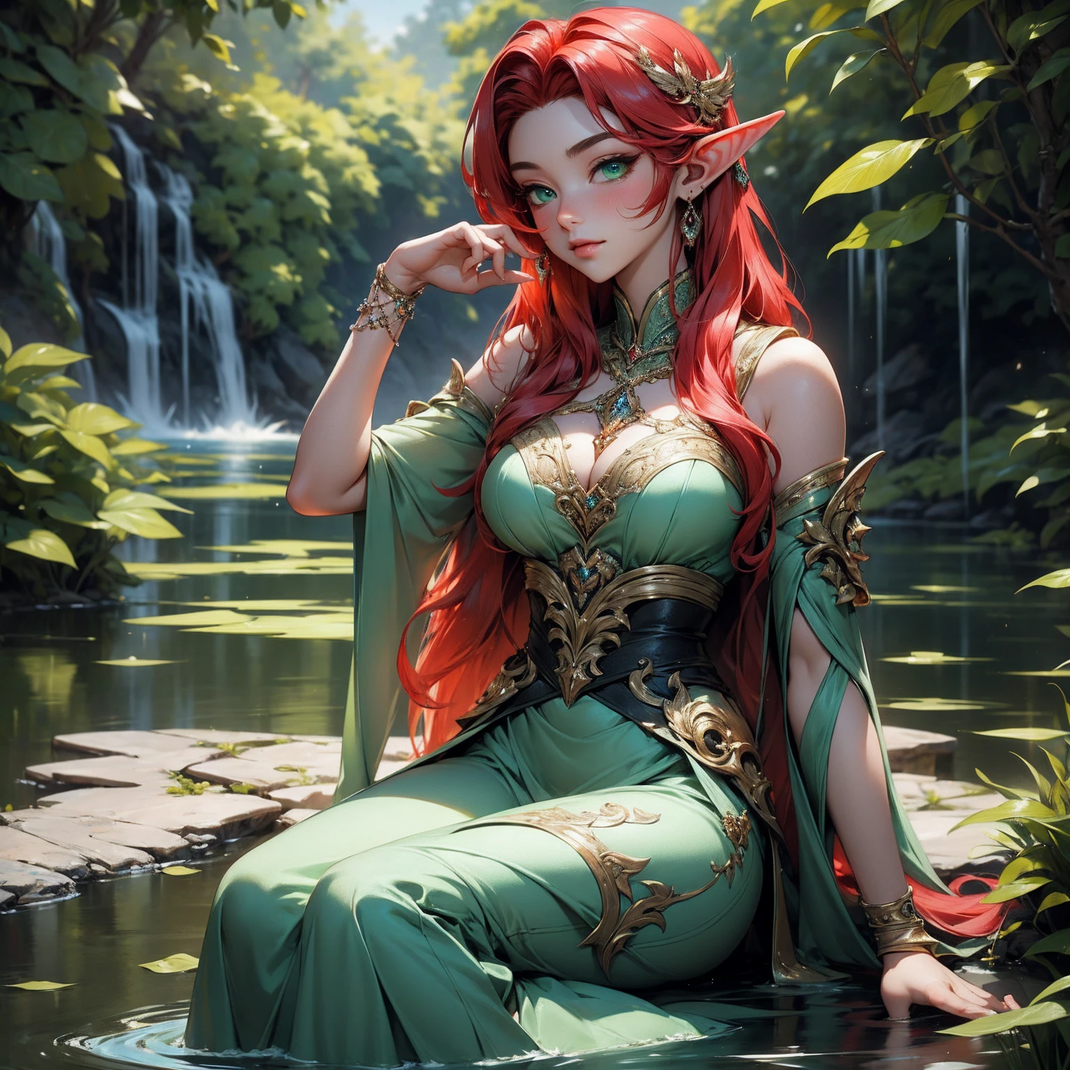 (Masterpiece - Ultra-Detailed, High Resolution) Prepare to be enchanted by a true masterpiece that combines ultra-detailed art with high-resolution rendering. This work shows a mesmerizing and sexy young elf with very large breasts and red hair. Green eyes, transparent  dress,  sitting on the water. Backwards, looking back, with one finger in her mouth. Get ready to dive into a world where beauty and craftsmanship merge perfectly.