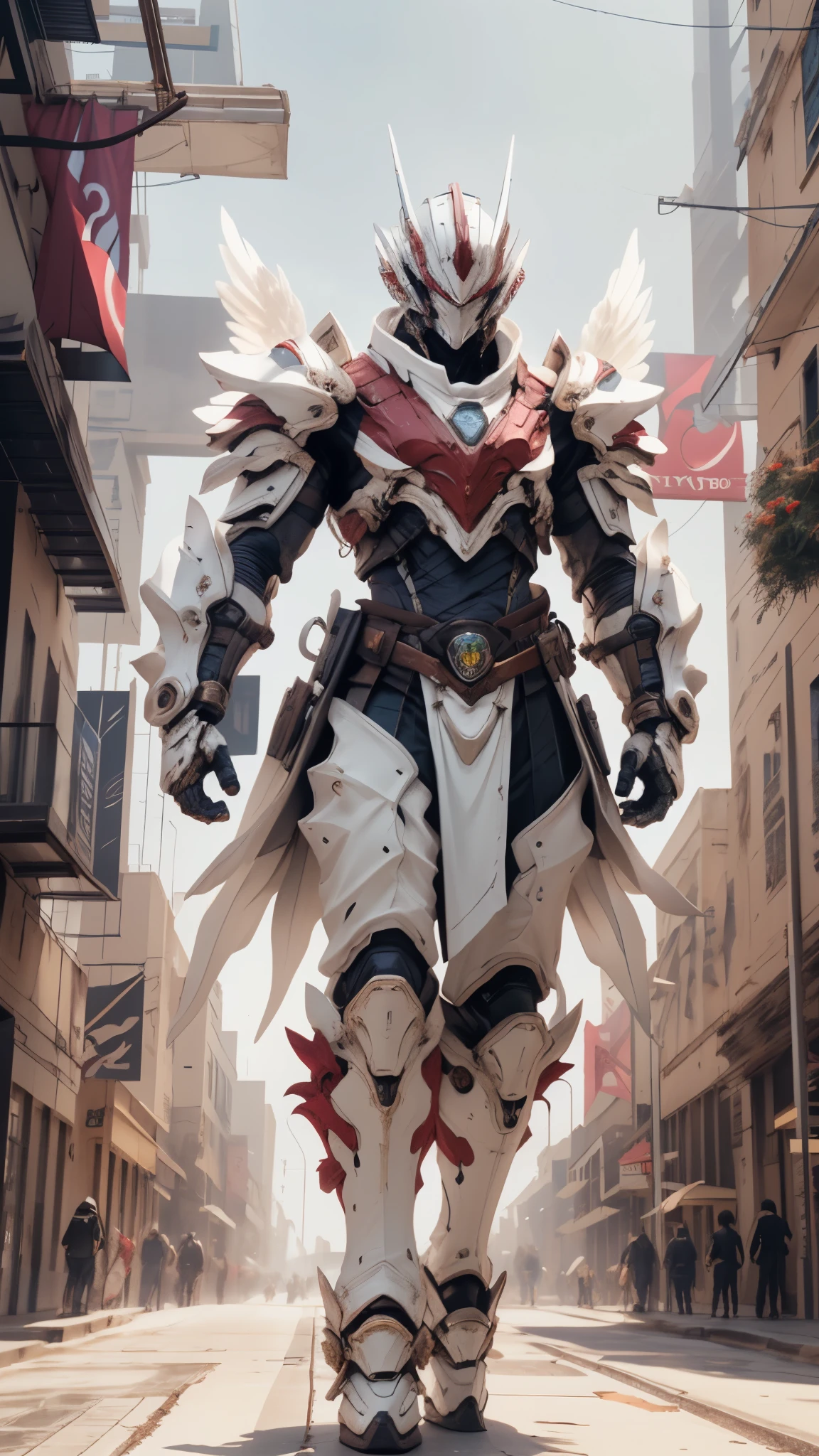 A man wearing a full-face helmet, a fantasy-style biotech armored combat suit, green eyes, (a composite layered chest armor), fully enclosed shoulder guards, matching arm and leg guards, the belt is adorned with Falcon Wing, (the color scheme is primarily white with red and blue accents), the design balances heavy with agility, a high-tech bio-mecha armor, (Armor Concept Inspired by Falcon, stand on the top of a skyscraper in a futuristic sci-fi city), this character embodies a finely crafted fantasy-surreal style armored hero in anime style, exquisite and mature manga art style, (battle damage, element, plasma, energy, the armor glows), ((male:1.5)), metallic, real texture material, dramatic, high definition, best quality, highres, ultra-detailed, ultra-fine painting, extremely delicate, professional, perfect body proportions, golden ratio, anatomically correct, symmetrical face, extremely detailed eyes and face, high quality eyes, creativity, RAW photo, UHD, 32k, Natural light, cinematic lighting, masterpiece-anatomy-perfect, masterpiece:1.5