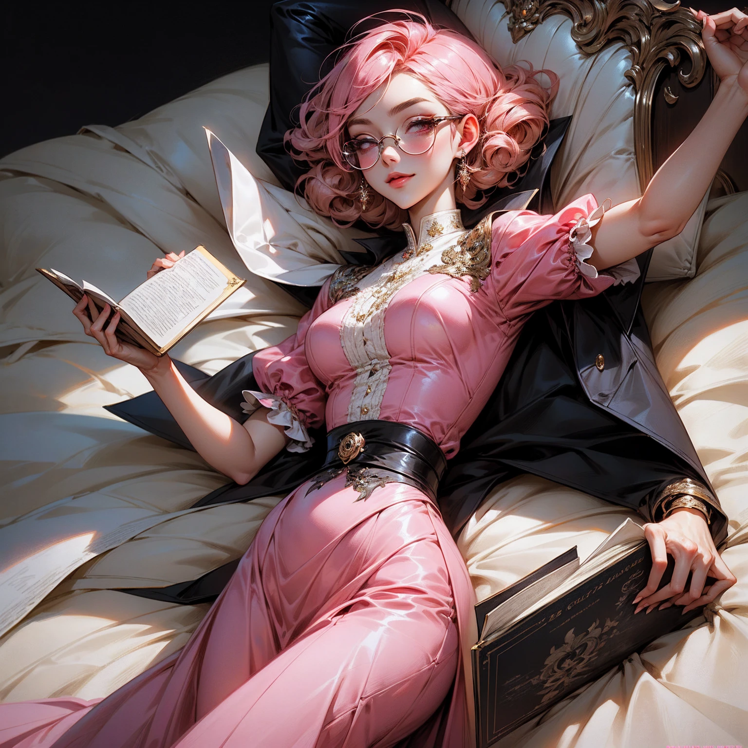 Anime girl tuxedo with curly rose gold hair and round gold glasses, rose gold eyes. Guviz style art, attractive detailed art style, Charlie Bowater Style, 1 7 - year - old cute anime girl, detailed manga style, detailed anime character art, germ of art. High detail, stunning manga art style. Rose dress. (pink dress) . Wearing rose gold Victorian clothing. Dancing, walking, drinking, reading, writing, lying, standing, on your back, dynamic poses, smile, closed mouth. Different Pose.