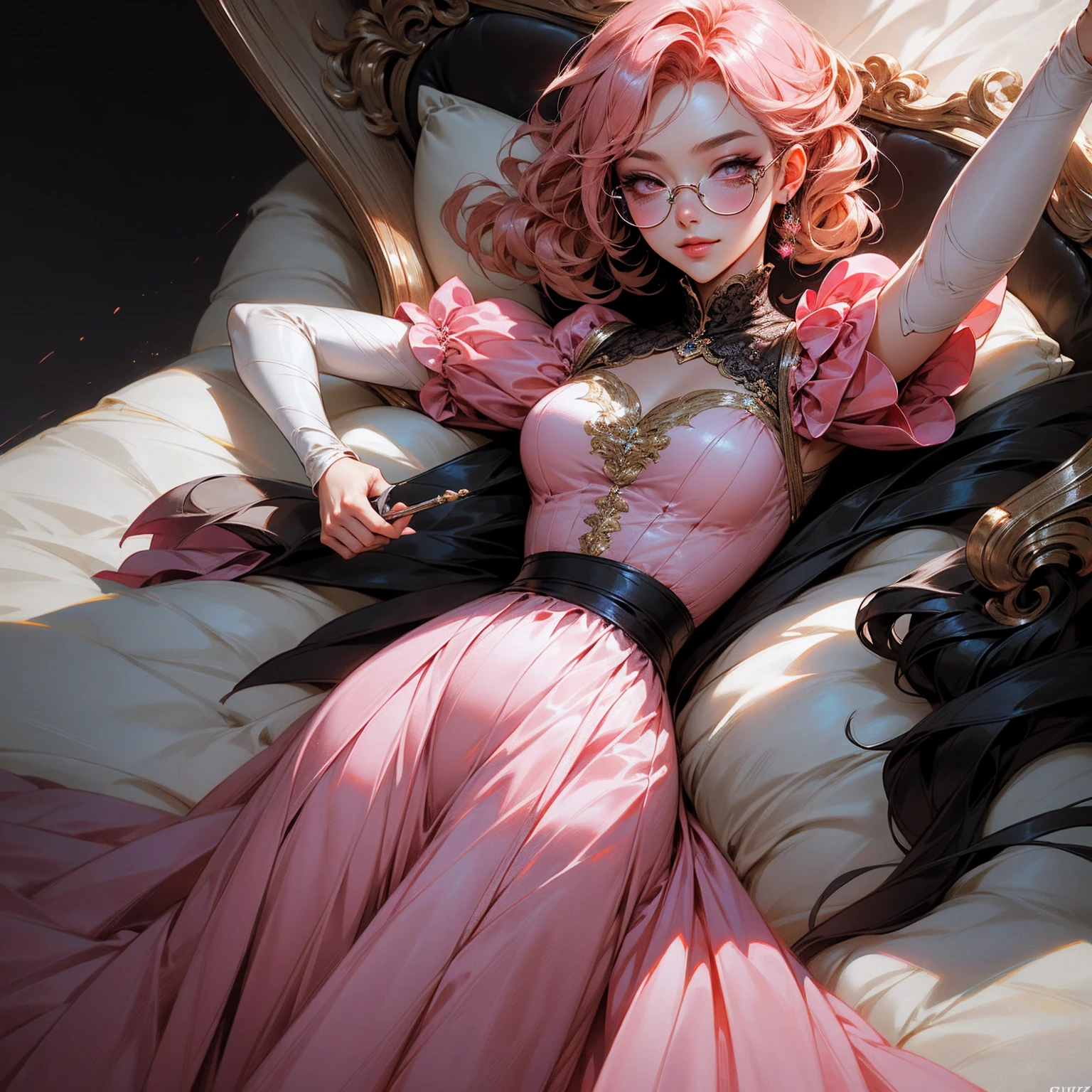Anime girl tuxedo with curly rose gold hair and round gold glasses, rose gold eyes. Guviz style art, attractive detailed art style, Charlie Bowater Style, 1 7 - year - old cute anime girl, detailed manga style, detailed anime character art, germ of art. High detail, stunning manga art style. Rose dress. (pink dress) . Wearing rose gold Victorian clothing. Dancing, walking, drinking, reading, writing, lying, standing, on your back, dynamic poses, smile, closed mouth. Different Pose.