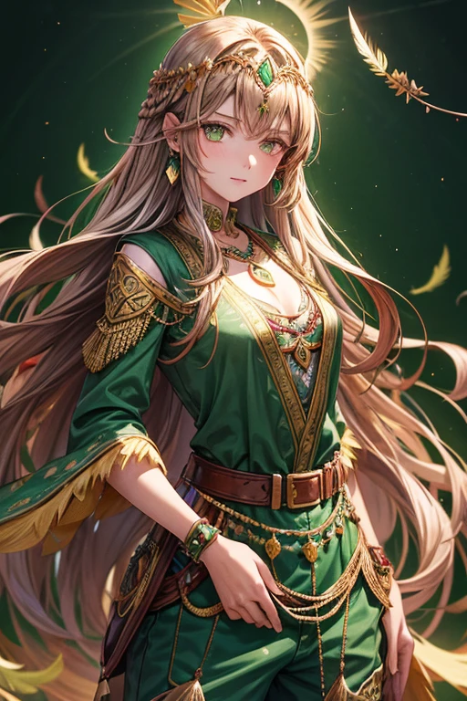 Sultana, 18 year old girl, long messy reddish brown hair with sun decorations, green eyes, green Arabic clothing, dark green vest with green rose prints with feathers, silver belt, dark green pants, hummingbird feather pendant with symbol Arab with emerald gems, gold rings on both. hands complexion slim palace background