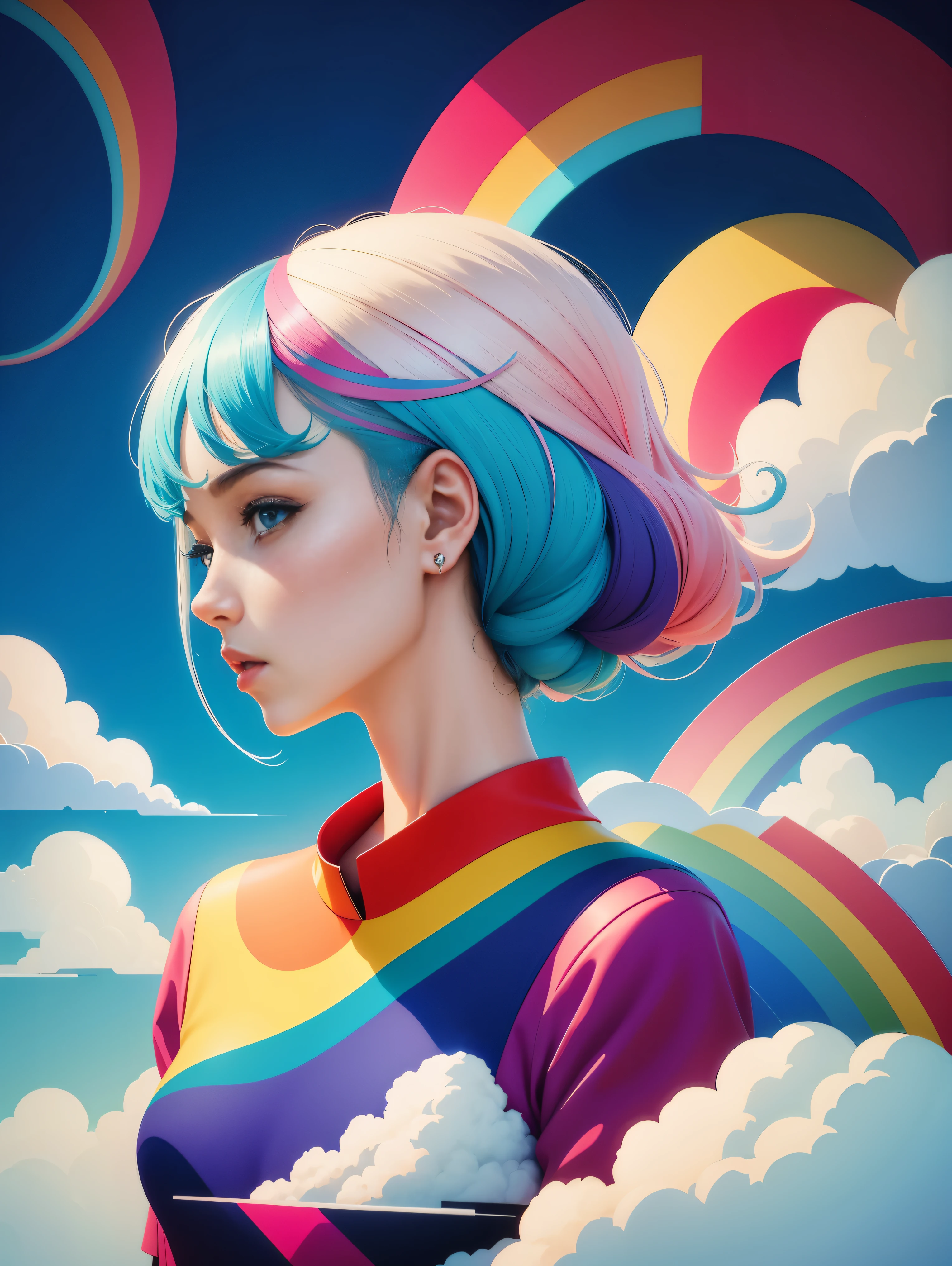 1 girl，Abstract，surreal colors，Fashion，geometry，Surrealism，rainbow，paper cutting，clouds，Light blue sky，paper hair