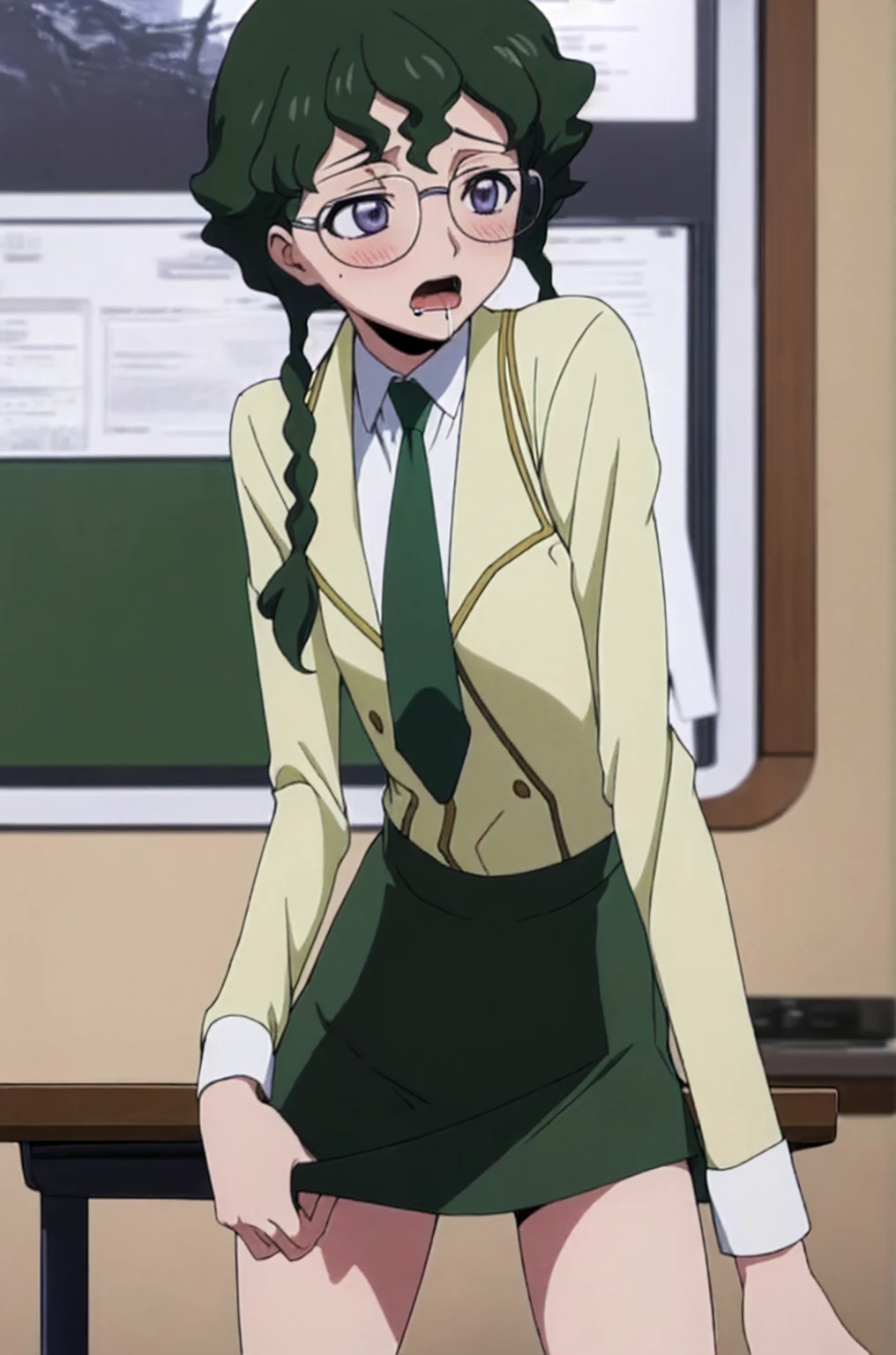 (masterpiece, best quality:1.2), highres, anime screencap, anime coloring, 1girl, solo, blush, orgasm, open mouth, saliva, saliva trail, 
Nina_Einstein_S1, green hair, twin braids, bangs, short hair, purple eyes, blue eyes, glasses, rimless eyewear, 
ashford academy , jacket, white shirt, collared shirt, long sleeves, green necktie, black skirt, miniskirt, white panties, ultra detailed panties, 
crotch rub, table humping, masturbation, 
indoors, school, wooden table, 

