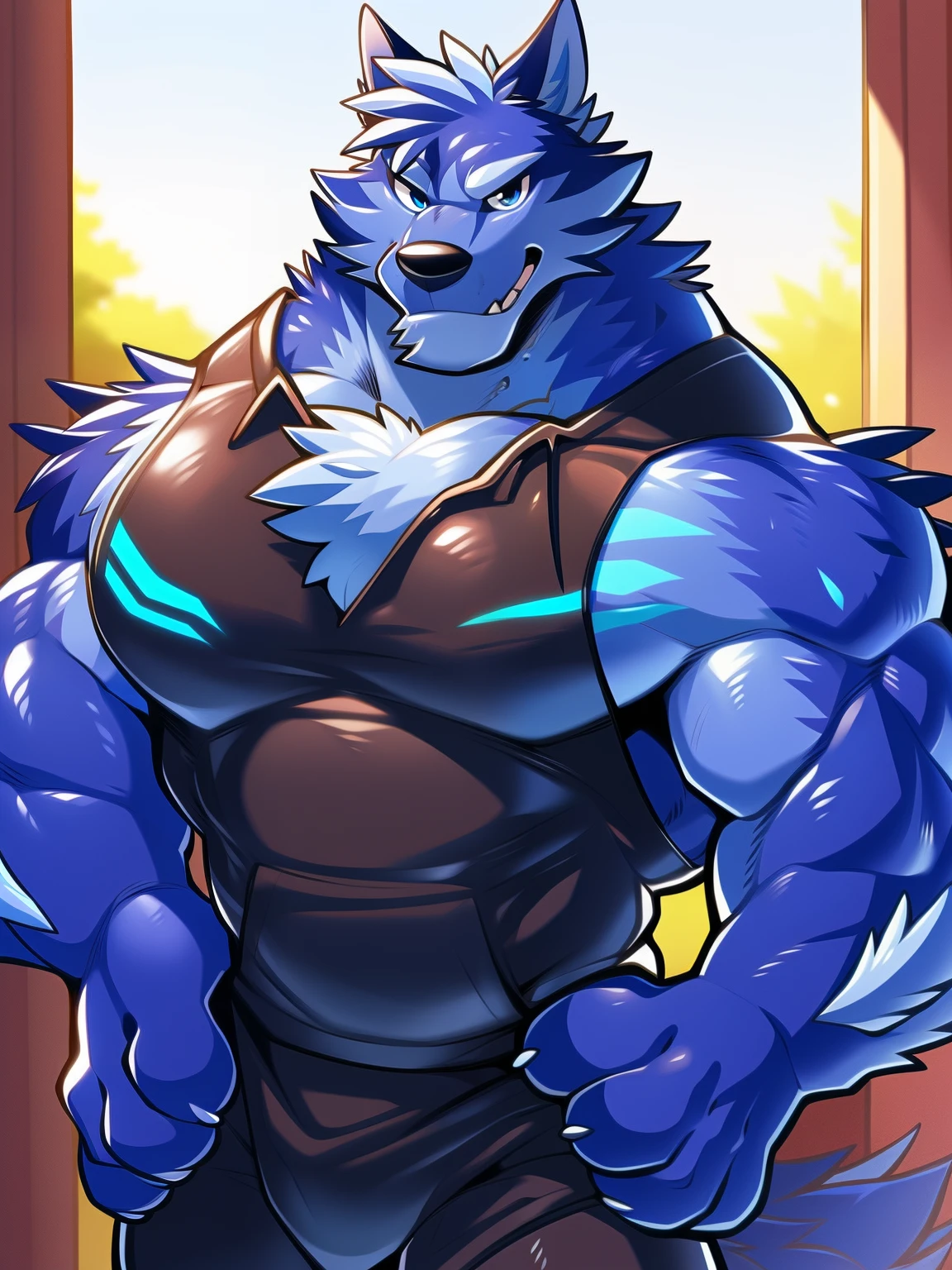 Author: Takemoto Arashi, (1 boy), Tindalos, Wolf, blue fur, blue fur, blue body, black T-shirt, light shorts,  One, solo, Men's Second, (Torso), hot body, muscle, Beautiful, sexual, Attractive guy, (Detailed blue eyes), Browster, a high resolution, Best quality), 4k, male, portrait Tindalos, gay, Looks at the viewer, standing in front of the viewer