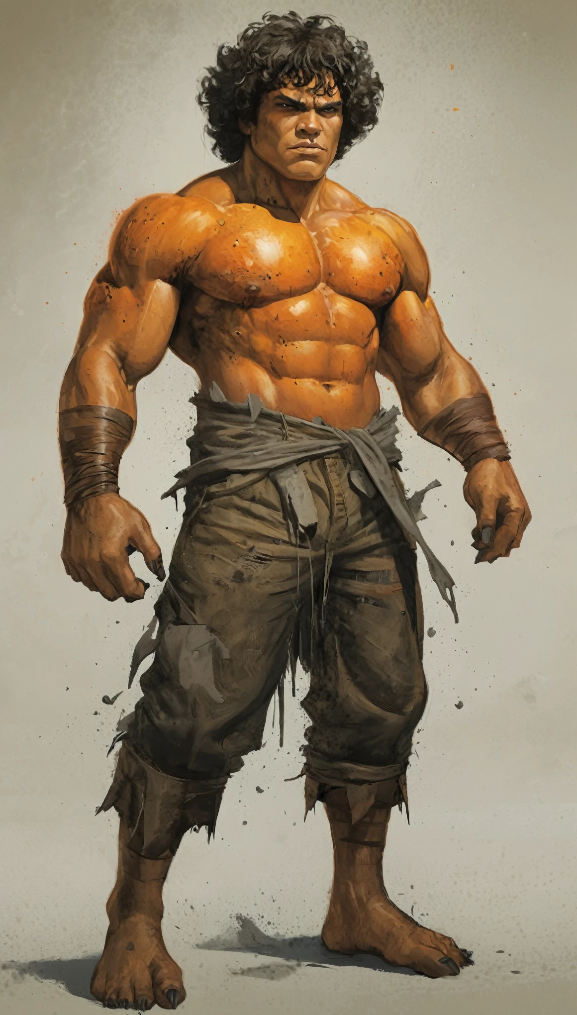 An illustrated movie poster, hand-drawn, full color, a orange-skinned giant man, wearing torn trousers, orange skin, massive physique, golden-brown eyes, wide bulbous nose, black hair, curly hair, thick bushy eyebrows, extremely hairy chest, stomach, and arms, lots of body hair, posing amongst rubble, hard shadows, graphite shading, stencil markings, airbrushed acrylic paint, masterpiece, in the style of Marvel Comics