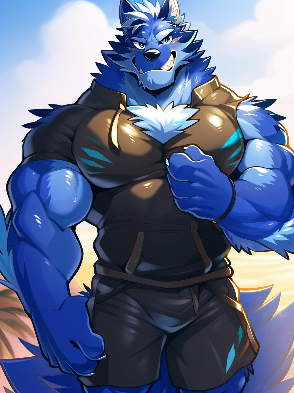 Author: Takemoto Arashi, (1 boy), Tindalos, Wolf, blue fur, blue fur, blue body, black T-shirt, light shorts,  One, solo, Men's Second, (Torso), hot body, muscle, Beautiful, sexual, Attractive guy, (Detailed blue eyes), Browster, a high resolution, Best quality), 4k, male, portrait Tindalos, gay, Looks at the viewer, standing in front of the viewer