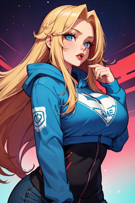 Girl with long blonde hair with blue at the bottom with a red gradient moving up to half way the hair, hair down, red lips, big breasts, wearing a hoodie