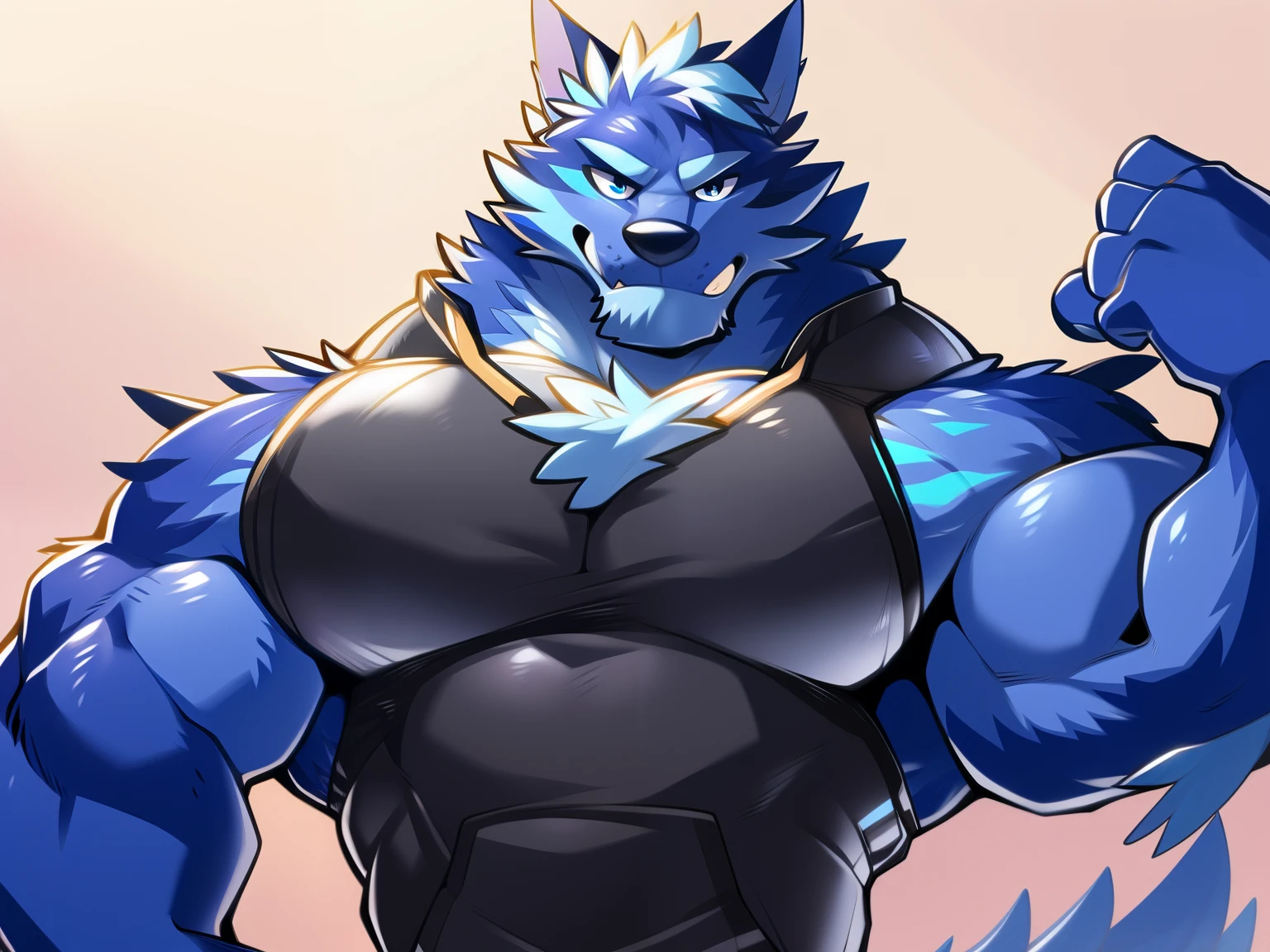 Author: Takemoto Arashi, (1 boy), Tindalos, Wolf, blue fur, blue fur, blue body, black T-shirt, light shorts,  One, solo, Men's Second, (Torso), hot body, muscle, Beautiful, sexual, Attractive guy, (Detailed blue eyes), Browster, a high resolution, Best quality), 4k, male, portrait Tindalos, gay, Looks at the viewer, standing in front of the viewer