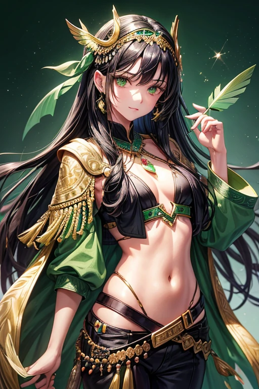 Sultana, -yeld wo, messy black hair with hummingbird feather decorations, green eyes, green Arabic clothing, dark green vest with green hummingbird prints with feathers, silver belt, dark green pants, hummingbird feather pendant with symbol Arab with emerald gems, gold rings on both. hands complexion slim palace background