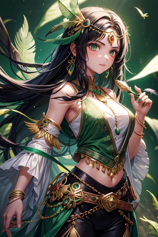 Sultana, 16-year-old woman, messy black hair with hummingbird feather decorations, green eyes, green Arabic clothing, dark green vest with green hummingbird prints with feathers, silver belt, dark green pants, hummingbird feather pendant with symbol Arab with emerald gems, gold rings on both. hands complexion slim palace background