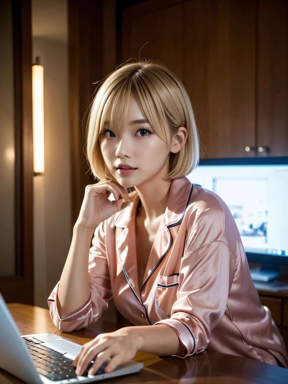 (((room:1.3, laptop:1.2, laptop, night))), ((Blonde Hair:1.4, Medium Bob:1.3, pajamas:1.2, Japanese woman operating a laptop, cute)), (clean, Natural Makeup), (highest quality, masterpiece:1.3, 超High resolution), (Very detailed, Caustics), (Realistic:1.4, RAW shooting), Very detailed, High resolution, 16K resolution