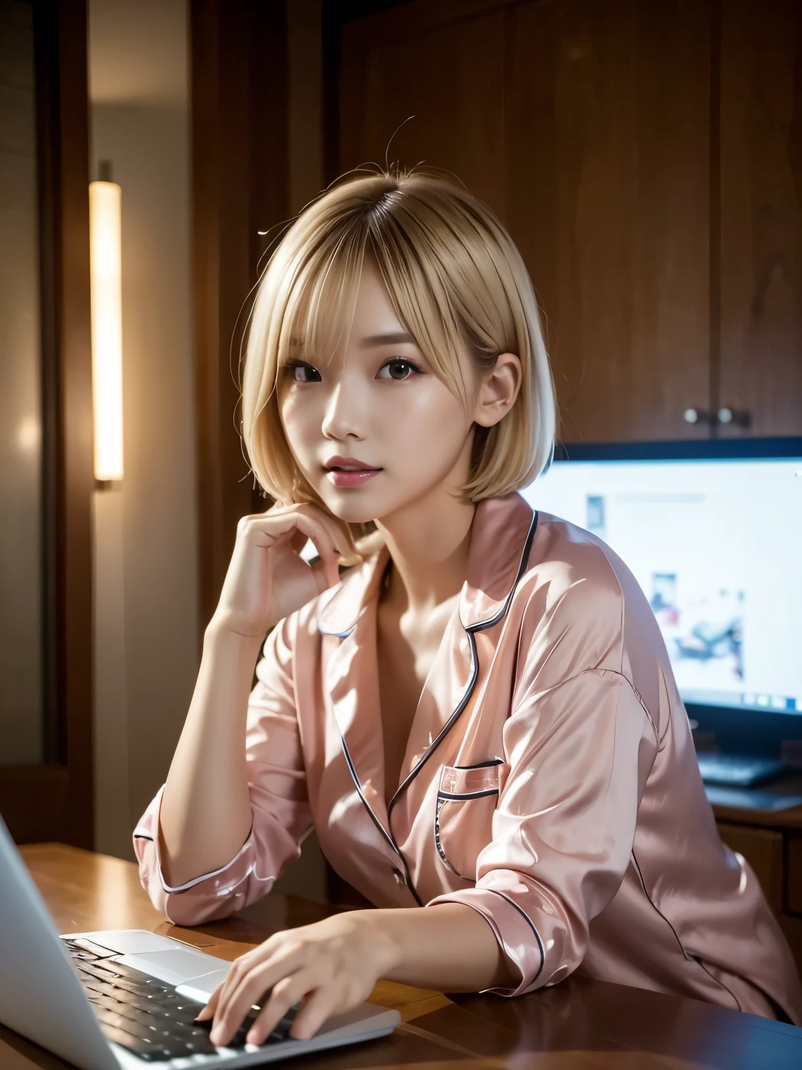 (((room:1.3, laptop:1.2, laptop, night))), ((Blonde Hair:1.4, Medium Bob:1.3, pajamas:1.2, Japanese woman operating a laptop, cute)), (clean, Natural Makeup), (highest quality, masterpiece:1.3, 超High resolution), (Very detailed, Caustics), (Realistic:1.4, RAW shooting), Very detailed, High resolution, 16K resolution