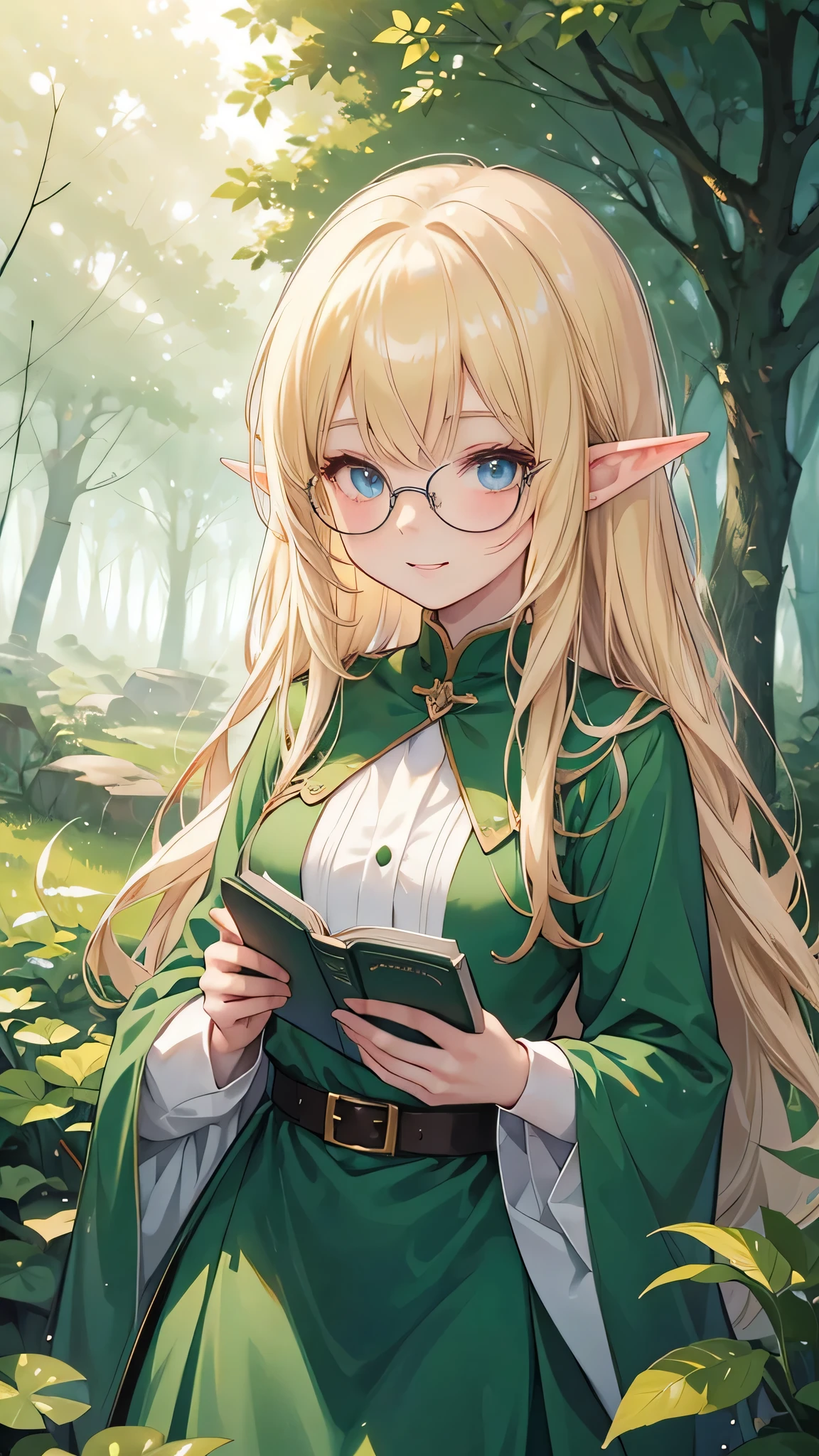 Anime girl, (masterpiece, best quality), beautiful lighting, elf, elf ears, normal fingers, normal hair, with round glasses, holding books, in the forest, looks excited, blond hair, 5 fingers, have thumb, looks at other elf
