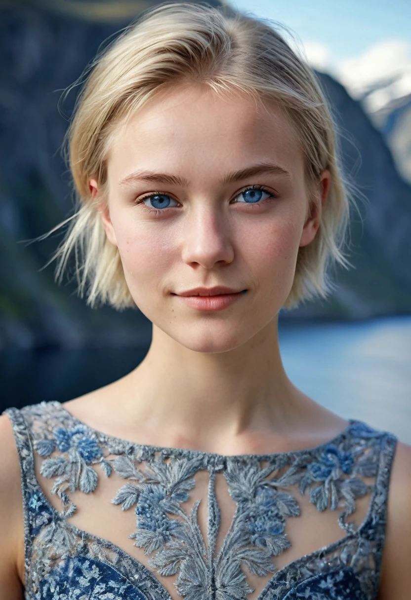 Portrait of a Norwegian beautiful teenager, small breasts, thin face, intricate dress, soft smile, natural lips, short blonde hair with side cut, blue-grey eyes, realism, digital painting, concept art, smooth, sharp focus, rule of thirds, Style-Psycho, Norwegian fjord in the background, natural light