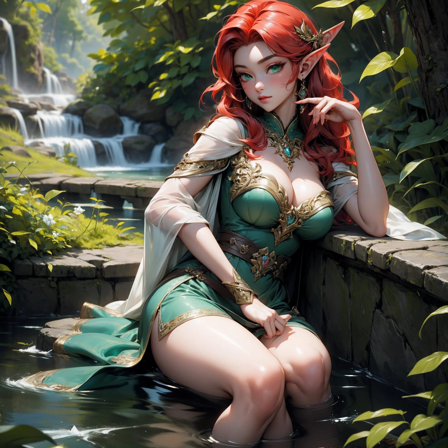 (Masterpiece - Ultra-Detailed, High Resolution) Prepare to be enchanted by a true masterpiece that combines ultra-detailed art with high-resolution rendering. This work shows a mesmerizing and sexy young elf with very large breasts and red hair. Green eyes, transparent dress, sitting on the water. Backwards, looking back, with one finger in her mouth. Get ready to dive into a world where beauty and craftsmanship merge perfectly.