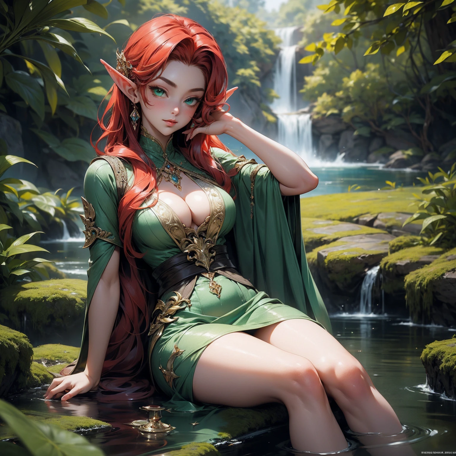 (Masterpiece - Ultra-Detailed, High Resolution) Prepare to be enchanted by a true masterpiece that combines ultra-detailed art with high-resolution rendering. This work shows a mesmerizing and sexy young elf with very large breasts and red hair. Green eyes, transparent dress, sitting on the water. Backwards, looking back, with one finger in her mouth. Get ready to dive into a world where beauty and craftsmanship merge perfectly.