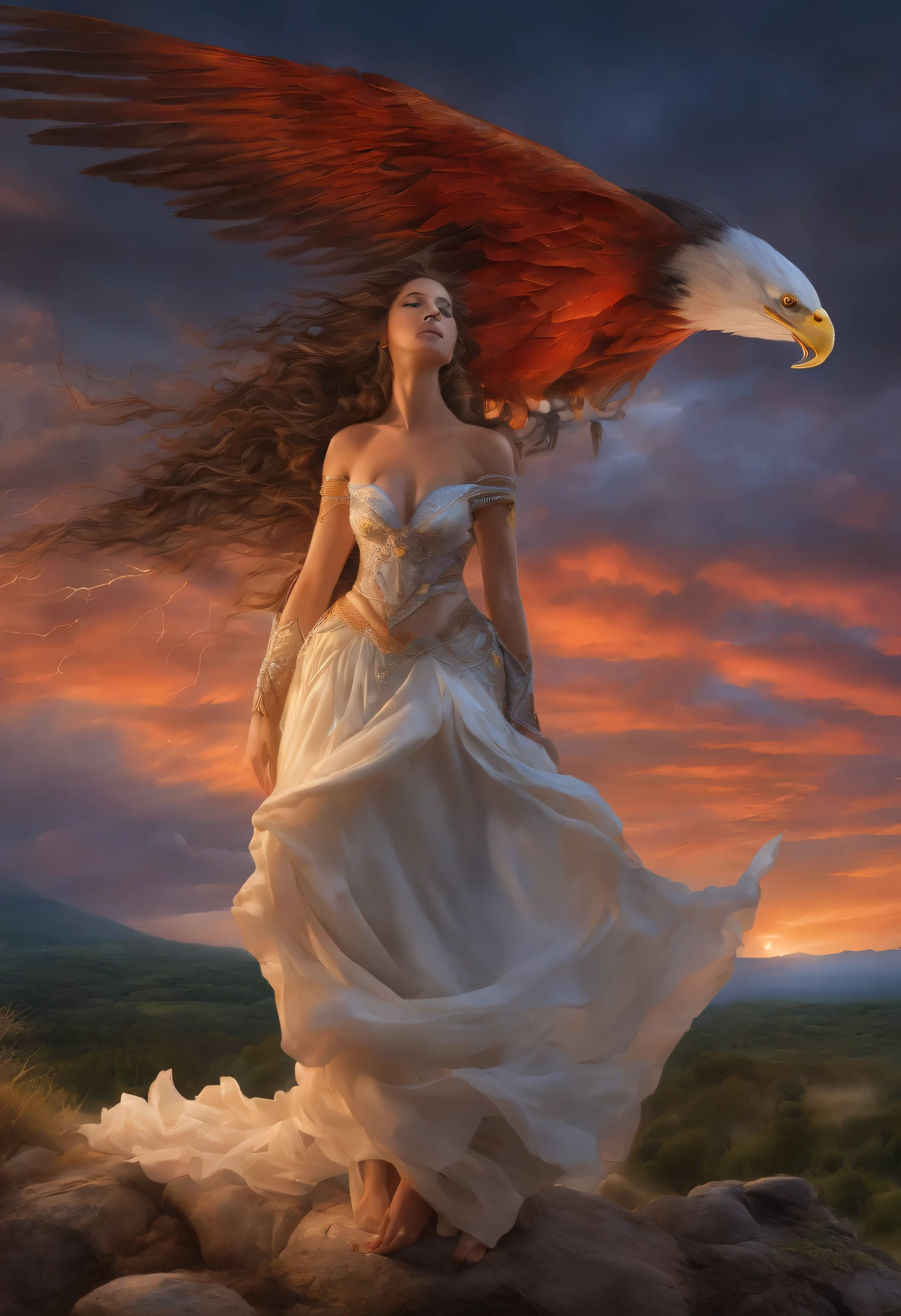trends on Artstation, Raquel Walker, MULHER BONITA na montanha, sunset sky, red sunset clouds, sunset, cabelos longos ao vento, eagle feathers, eagle queen, goddess dressed in eagle feathers, fantasia, overexposure, olhos perfeitos, metallic colors, arte surreal , corpo todo, barefoot, vista do horizonte montanhoso, Lago ao longe, senhora no centro da cena, ((enorme lua cheia na frente do sol)), ((Roupas transparentes)), ((dark storm clouds with lightning)), lightning strikes, garoa leve, nevoeiro ao longe, deusa no topo da montanha, girl standing, red painted toenails, ((flores no topo da montanha)), (((ponte de pedra entre montanhas))), ((antigo castelo embutido na montanha)), lantern and lamp, ((cabelo exageradamente longo)), ((cabelos movidos pelo vento forte)), ((roupas nativas)) , ((cabelo prateado)), ((rosto de mulher europeia caucasiana)), (((cachoeira descendo a montanha)), ((the goddess is bent over looking into space)), (((The lady is leaning over watching the emptiness of the valley))), ((the goddess is leaning looking into the void)), (((the lady is leaning over looking into space) do vale))),