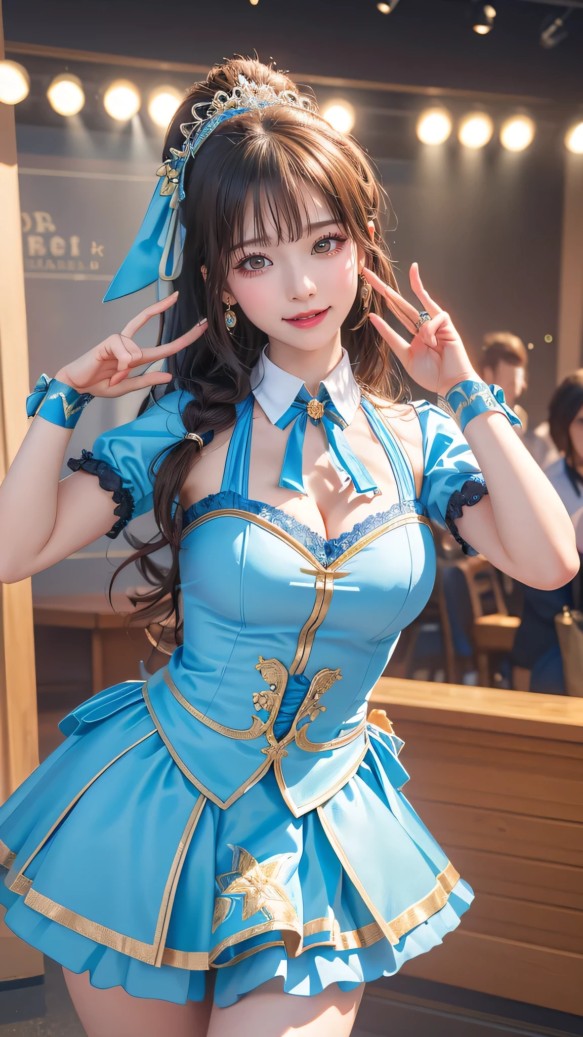 random Idol costume,(sing:1.2),(Random Pose),(Thin type),(large breasts),(random hairstyle),(Highest image quality, (8K), Ultra-realistic, Best Quality, High quality, High Definition, high quality texture, high detailing, Beautiful detailed, fine detailed, extremely details CG, Detailed texture, realistic representation of face, masterpiece, presence)