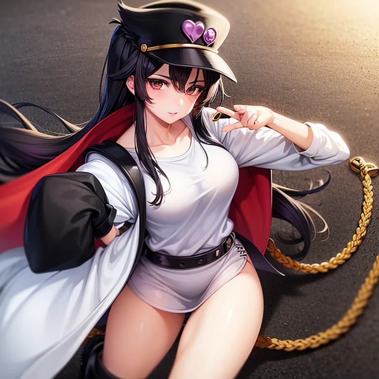 Una chica anime de pelo largo y de color negro, piel blanca, vistiendo la ropa de Kujo Jotaro