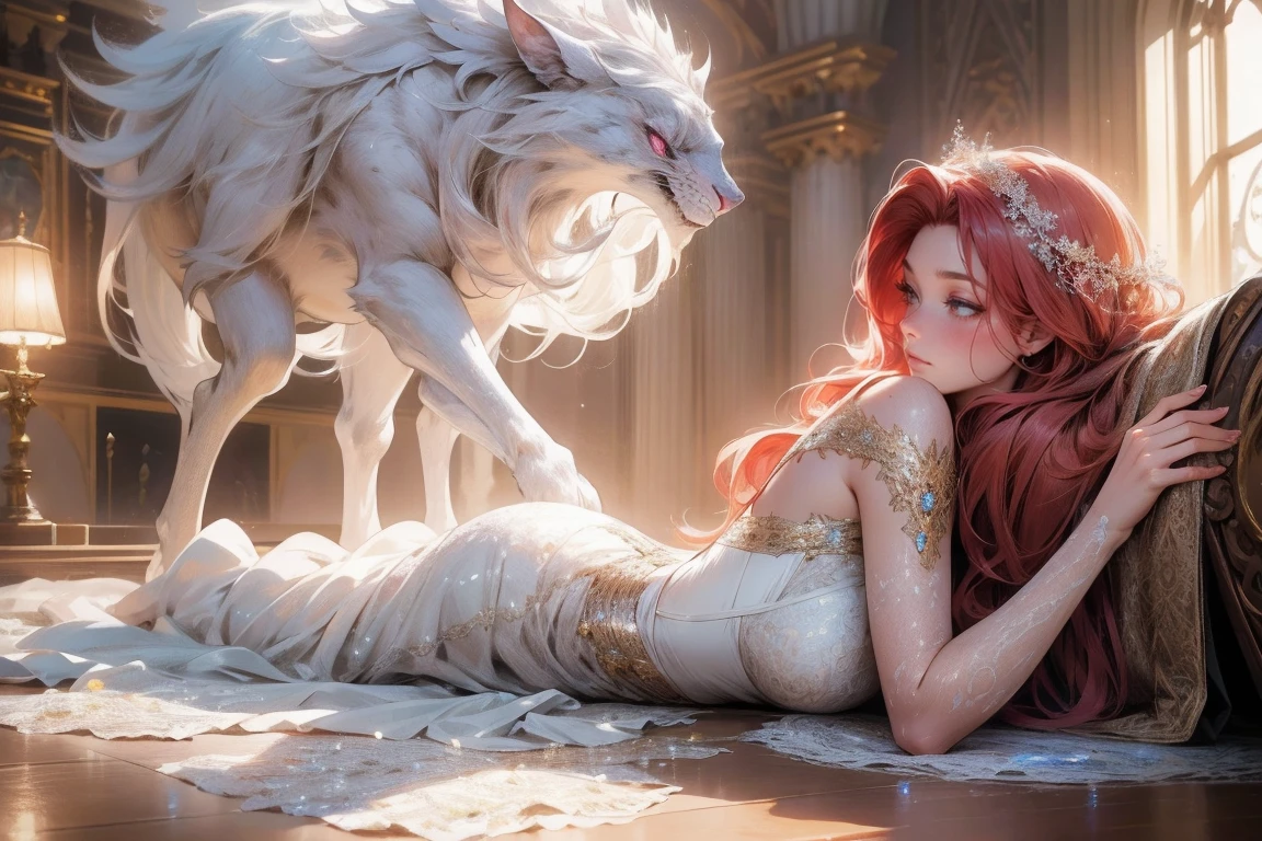 {-erro_de_anatomia:1.0}(best quality,4k,8k,highres,masterpiece:1.2), ultra-detailed, (realistic,photorealistic,photo-realistic:1.37), mature milf, illyasviel von einzbern, redhead hair, full body, vibrant colors, glowing skin, mesmerizing eyes, elegant pose, enchanting background, delicate lace dress, surreal lighting, ethereal atmosphere, mystical aura, intricate details, artistic medium, digital illustration, fantasy, anime, laying on the floor, backwards, looking back
