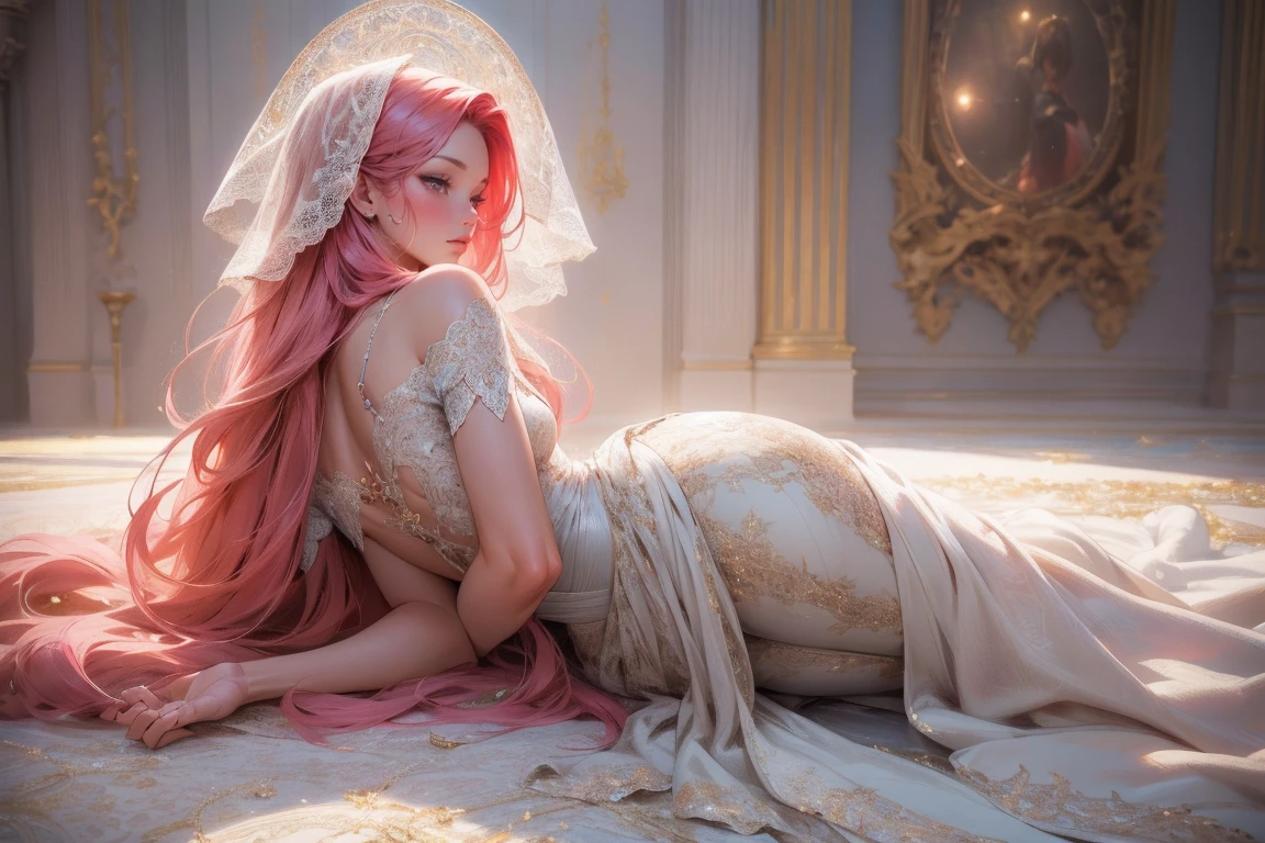 {-erro_de_anatomia:1.0}(best quality,4k,8k,highres,masterpiece:1.2), ultra-detailed, (realistic,photorealistic,photo-realistic:1.37), mature milf, illyasviel von einzbern, redhead hair, full body, vibrant colors, glowing skin, mesmerizing eyes, elegant pose, enchanting background, delicate lace dress, surreal lighting, ethereal atmosphere, mystical aura, intricate details, artistic medium, digital illustration, fantasy, anime, laying on the floor, backwards, looking back