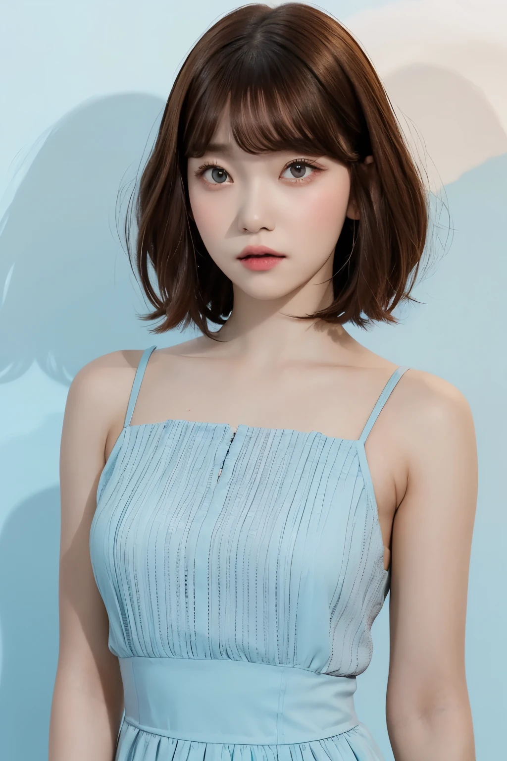 tsuki, ((1girl)), bob haircut, fringe, brown hair, ((light blue dress)), short dress, white background, portrait 