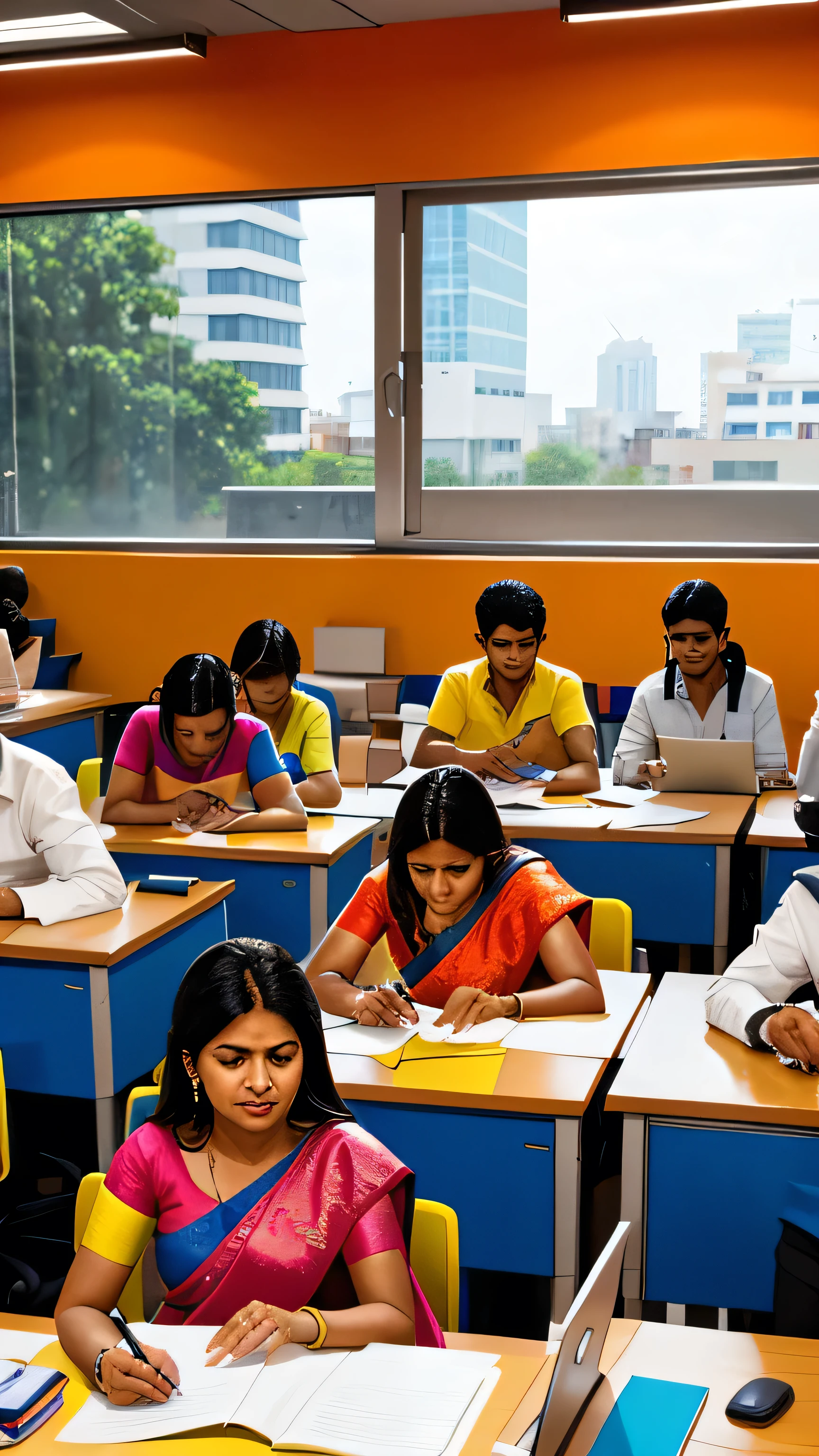 Indian company, people at work desks, working seriously, concentrating, looking busy, use of flashy colors, use of primary colors, illustration style