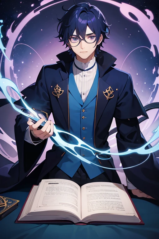 man  with night blue curly hair, purple eyes and round glasses, Wizard, with blue translucent tentacles behind the character, with a magic book floating next to him  