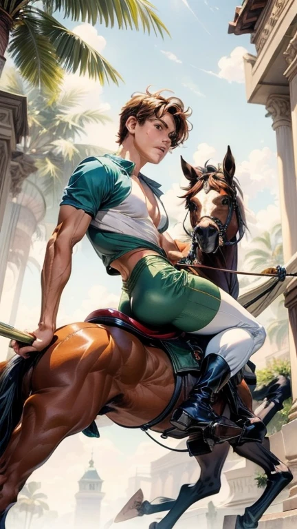 watercolor, Peter Pan  Riding a Centaur  a 17-year-old Brazilian boy, wearing tight sweatpants with a protruding convex codpiece. Muscular, with round, firm, perfect buttocks,
Aesthetic, erotic, beautiful, in the style of Caravaggio