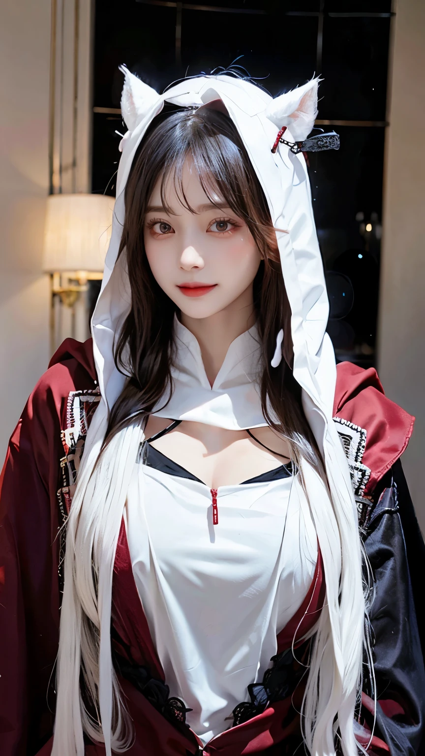 Long white hair - Red eyes - Black hair accessory - Hoodie - Elegant - Mysterious - Less revealing - Modest - Unique - Smiling face - Attractive - Presence