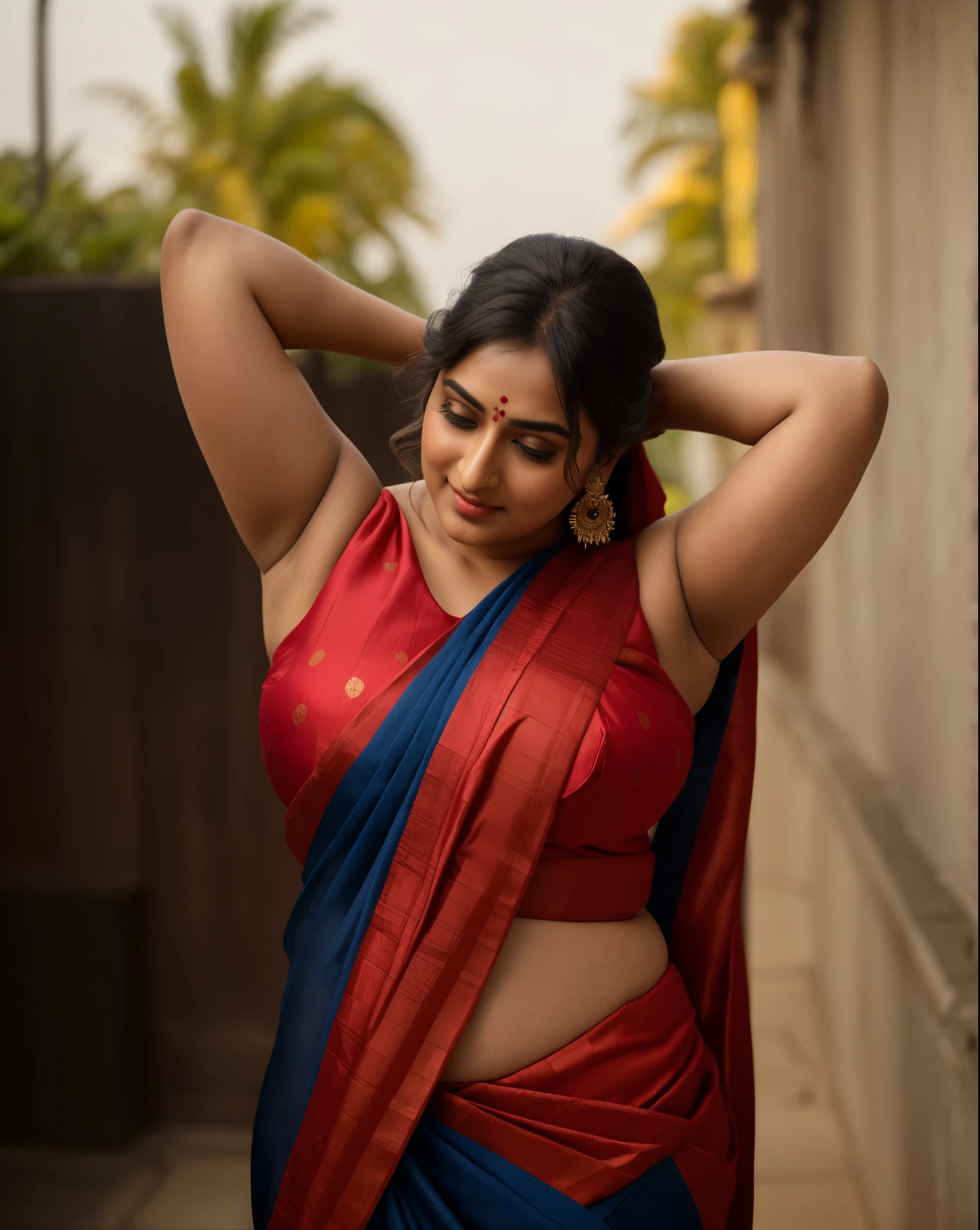 Foto RAW, photorealistic, photography, full body shot, master shot, perfect eyes, goddess like beauty, pierced eyes, perfect thick chubby mallu Desi aunty bhabhi, Wearing a Stanapatta, a chest-band.Saree model, model Photography, Indian saree shoot, Indian traditional wear advertising photography, traditional wear brand shoot, face of Indian actress Sonakshi Sinha, masterpiece, realistic, realism, incredible details, pleasure, photorealism, detailed skin, skin pores, high contrast, photorealistic Artstation 8k HD digital art trend of high definition and detailed realistic skin texture, ultra detail, realistic skin texture, armature, best quality, ultra high definition, (photorealistic:1.4),, high resolution, detail, raw photo, sweat, Re sharp, by Lee Jefferies Nikon D850 Film Stock Photo 4 Kodak Portra 400 Camera F1.6 Lens Rich Color Ultra Real Realistic Realistic Textures Dramatic Lighting Unreal Engine Trending at Art Station Cinestill 800,(pele altamente detalhada: 1.2), 8k UHD, DSLR, soft-lighting, alta qualidade, grain of film, Fujifilm XT3,she didn't like to wear blouse or bra, she is happy to wear only saree, she hates blouse or bra, detailed hairy armpits, hyper realistic skin, skin pores, sweat, veins,