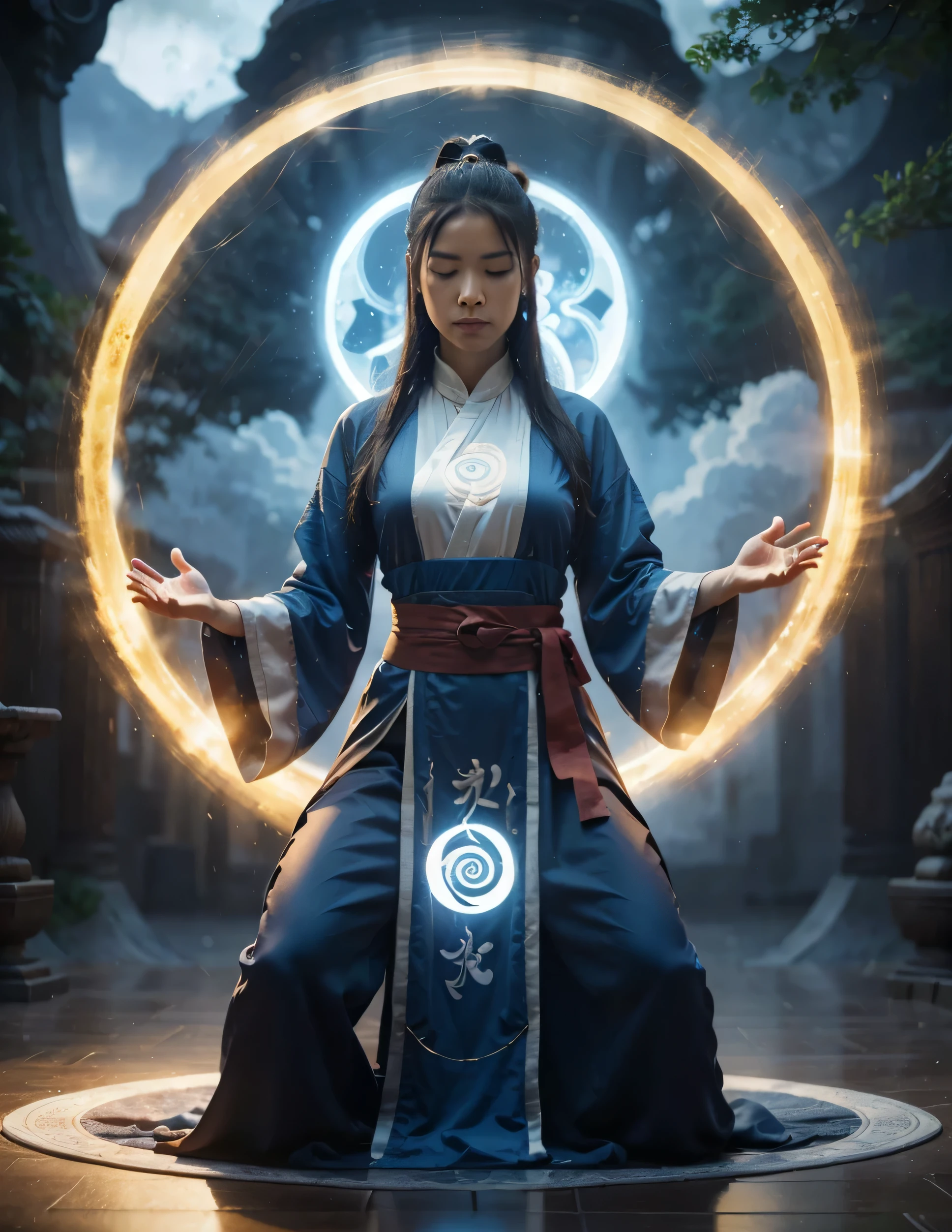 magic circle，best quality,4k,8k,highres,masterpiece:1.2,ultra-detailed,realistic,acrylic style,tai chi, yin yang, eight trigrams,3d rendering，female Taoist priest practicing yoga，Light and shadow photography，background：An unusual amount of magic spells rained down