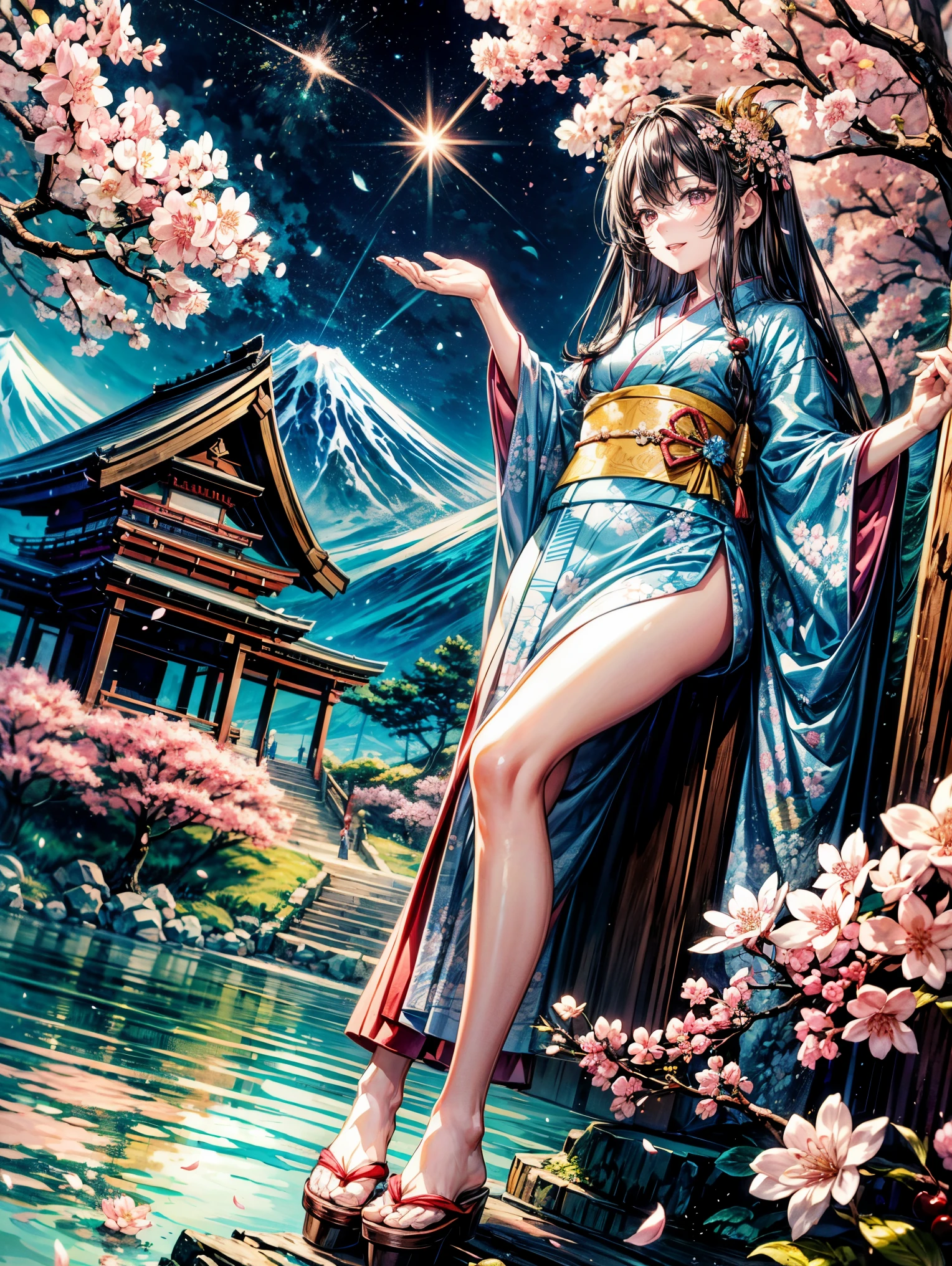 masterpiece,highest quality,Ultra high definition,Sakuyahime, Japanese mythology, cherry blossom spirit, God of Mt. Fuji, long cherry blossom-colored hair, cherry blossom-colored eyes, kimono with flowers, cherry blossom crown, foot of Mt. Fuji, under cherry blossom tree, announcing the coming of spring, gentle smile,Angle from below