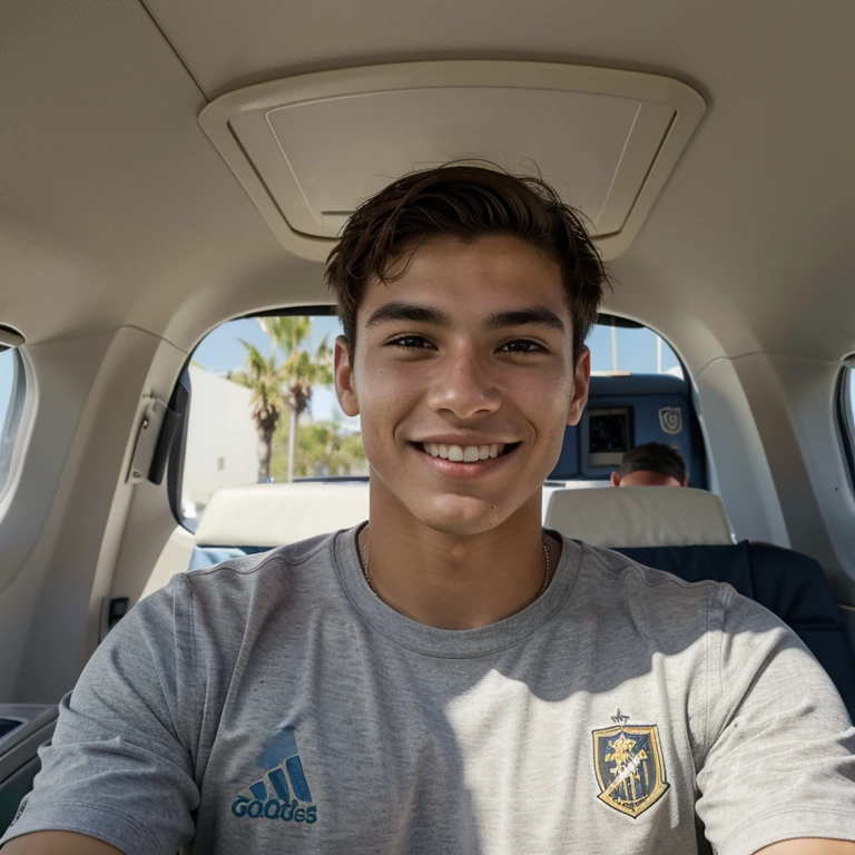 You described a boy, jogador de futebol talentoso, portando a camisa do Los Angeles FC e arborizando um joli sourire. Him traveling to a different country by plane.